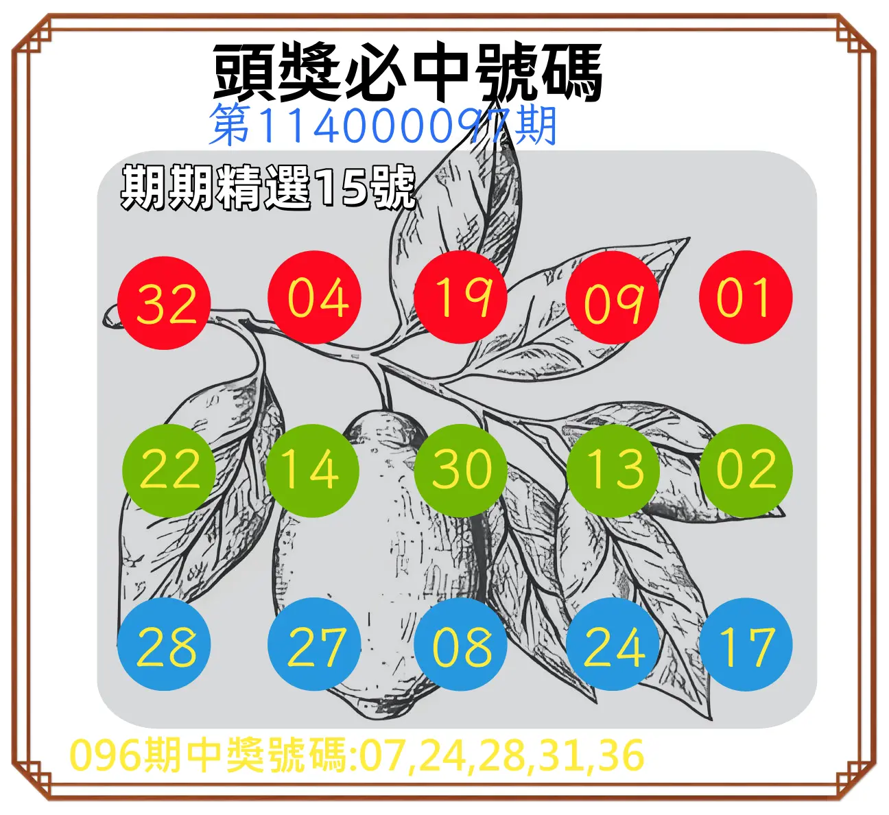 今彩539第114000097期頭獎號碼