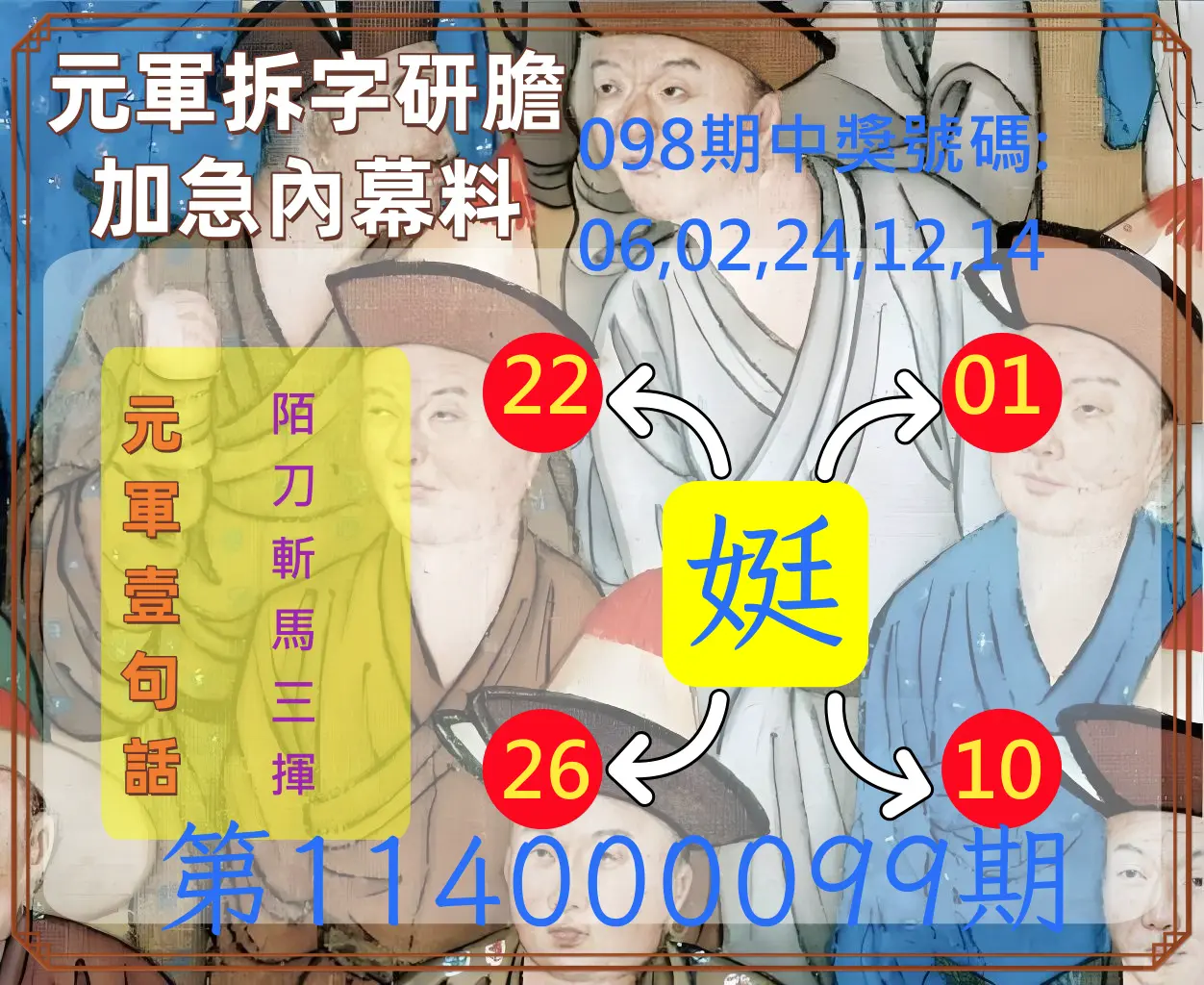 今彩539第114000099期元軍拆字研膽加急內幕料