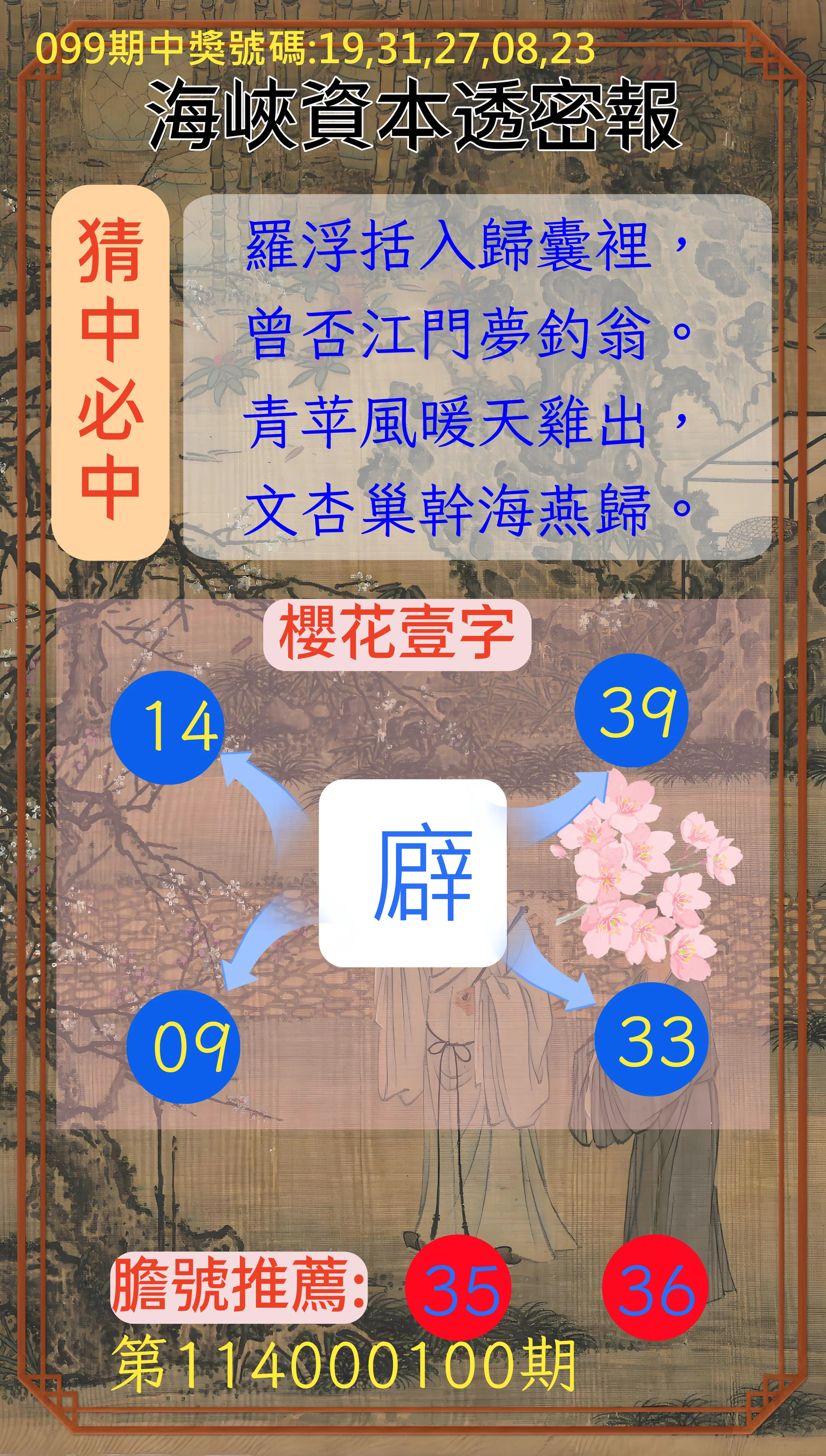 今彩539第114000100期海峽資本透密報