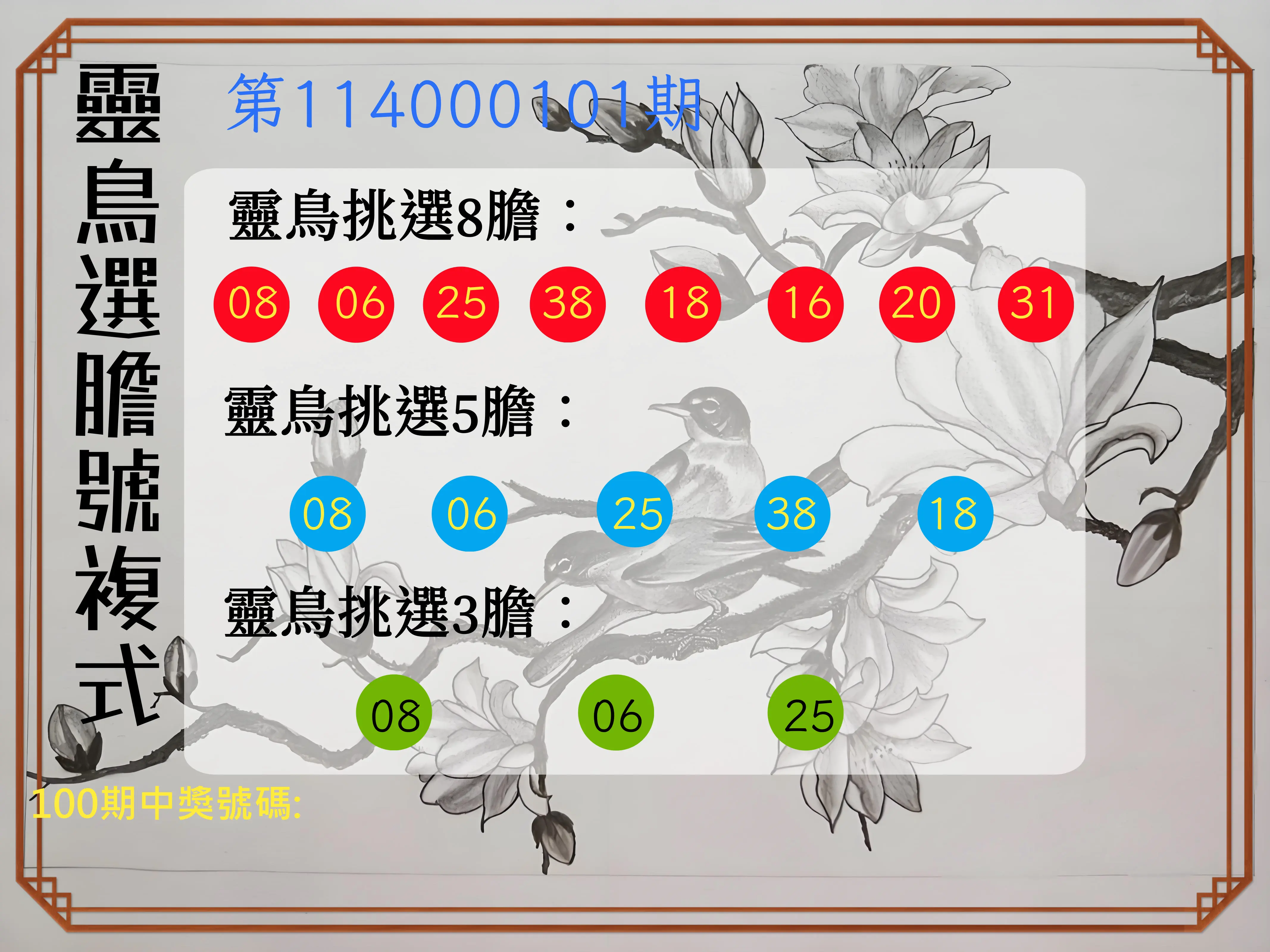 今彩539第114000101期靈鳥選膽號複式