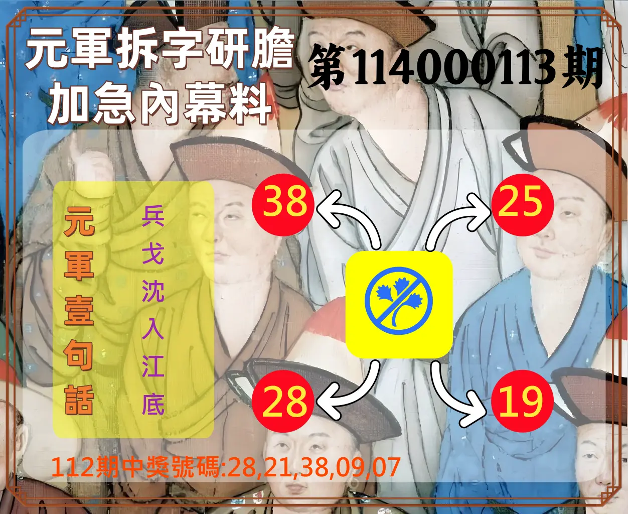 今彩539第114000113期元軍拆字研膽加急內幕料