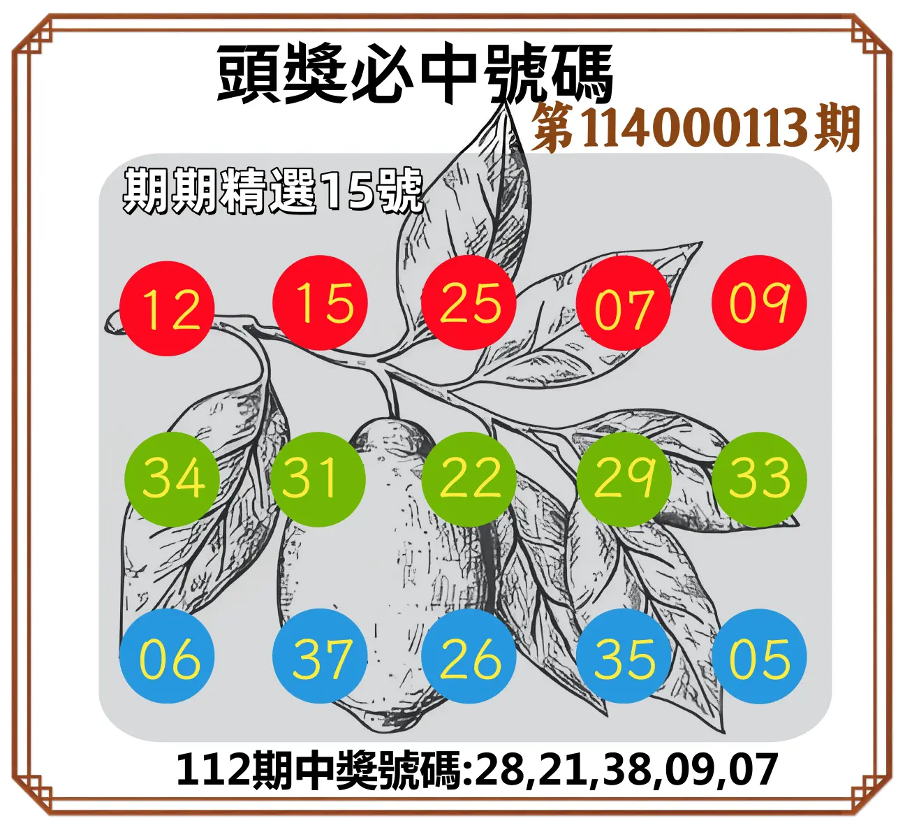 今彩539第114000113期頭獎號碼