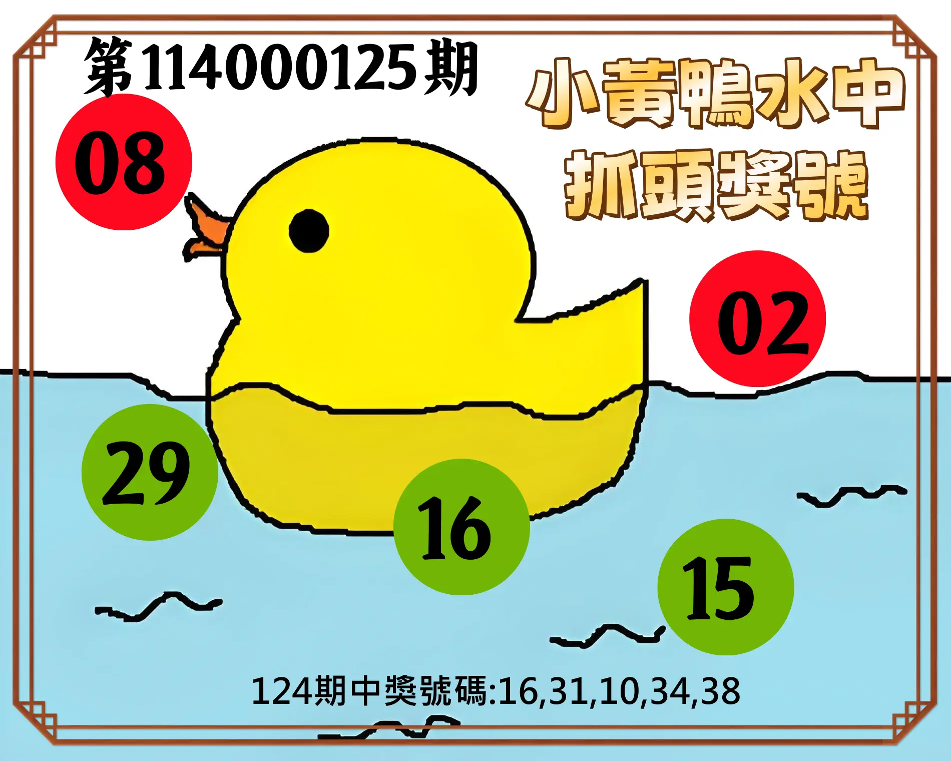 今彩539第114000125期小黃鴨水中抓頭獎號