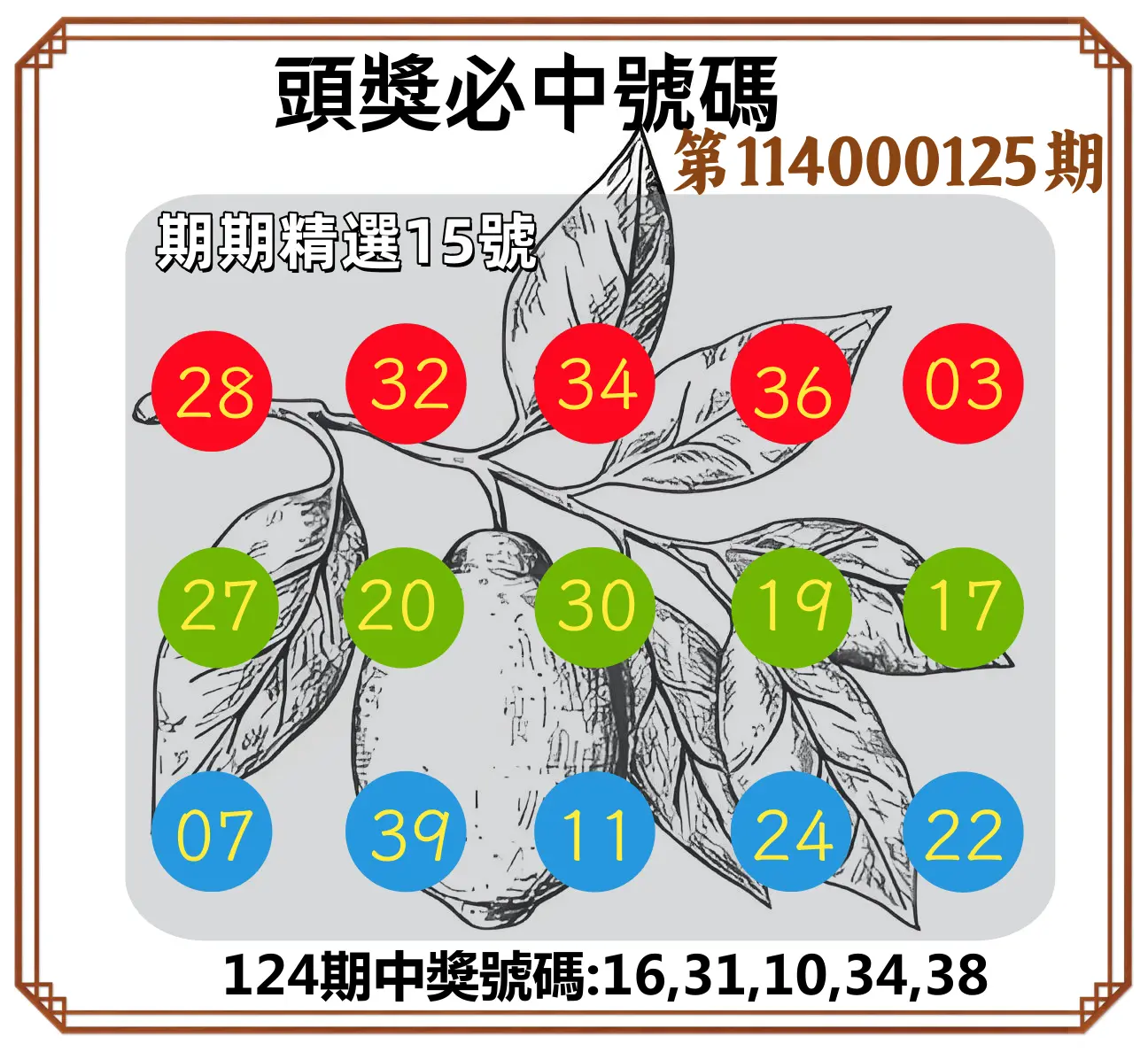 今彩539第114000125期頭獎號碼