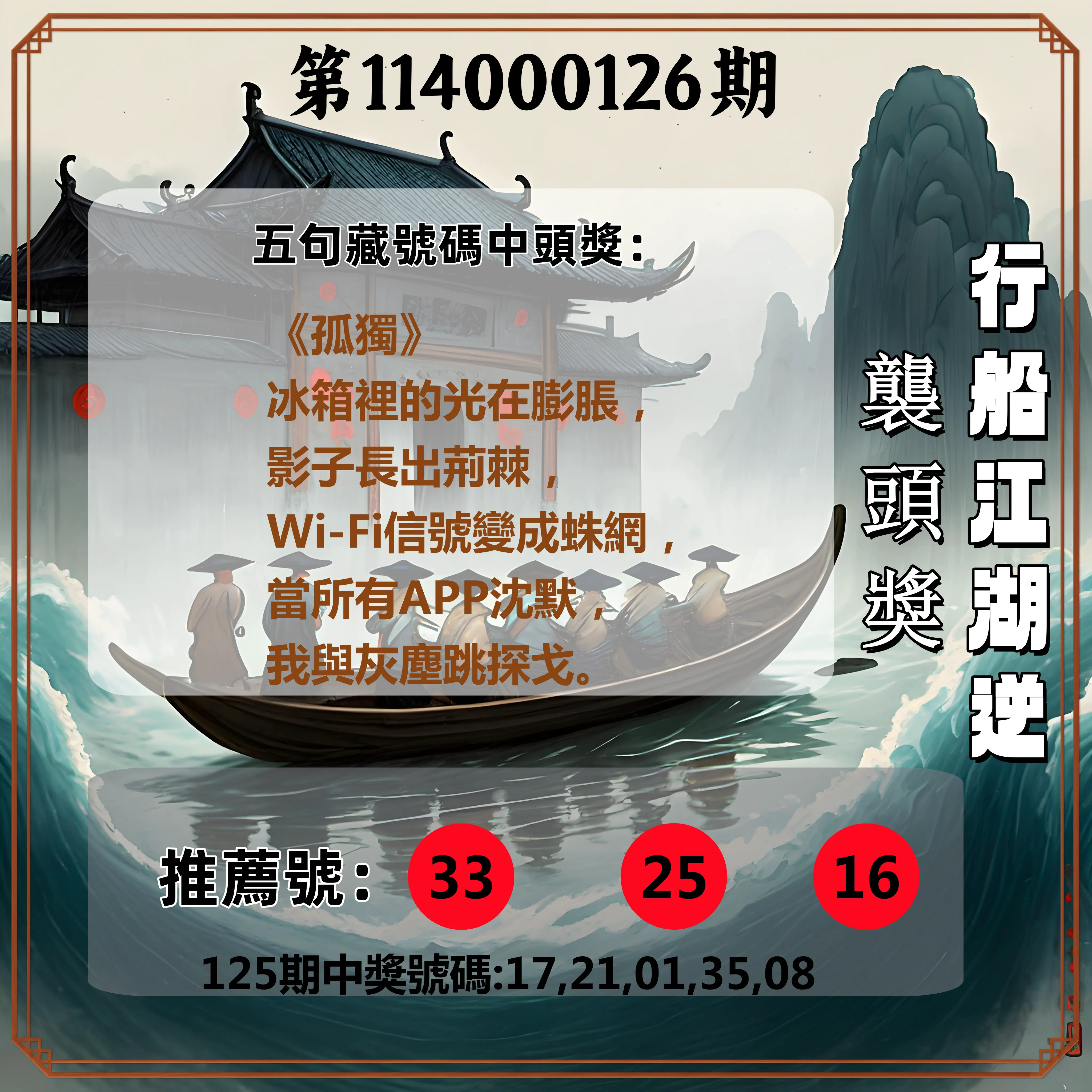 今彩539第114000126期行船江湖逆襲頭獎