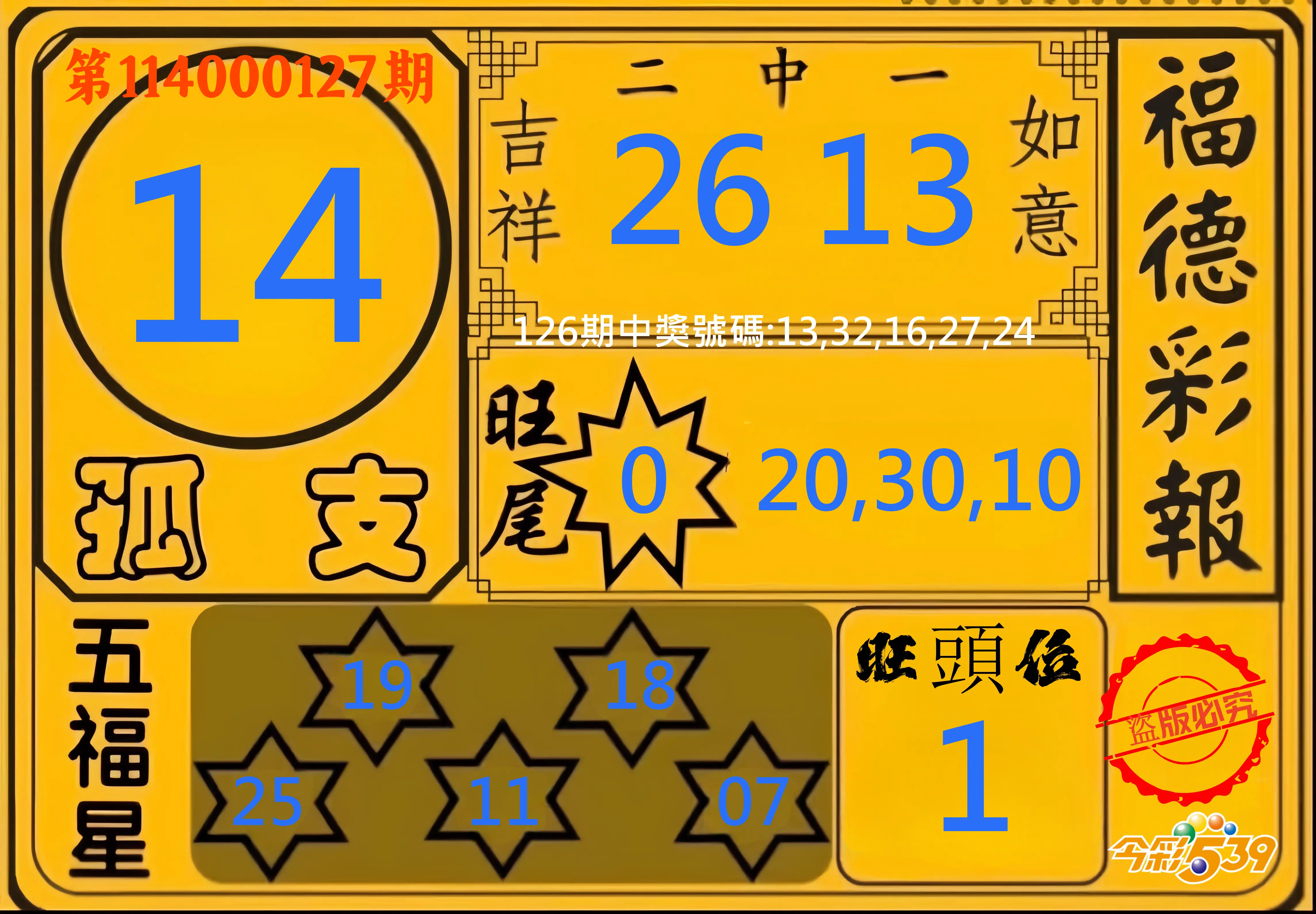 今彩539第114000127期今彩539德福彩報牌預測