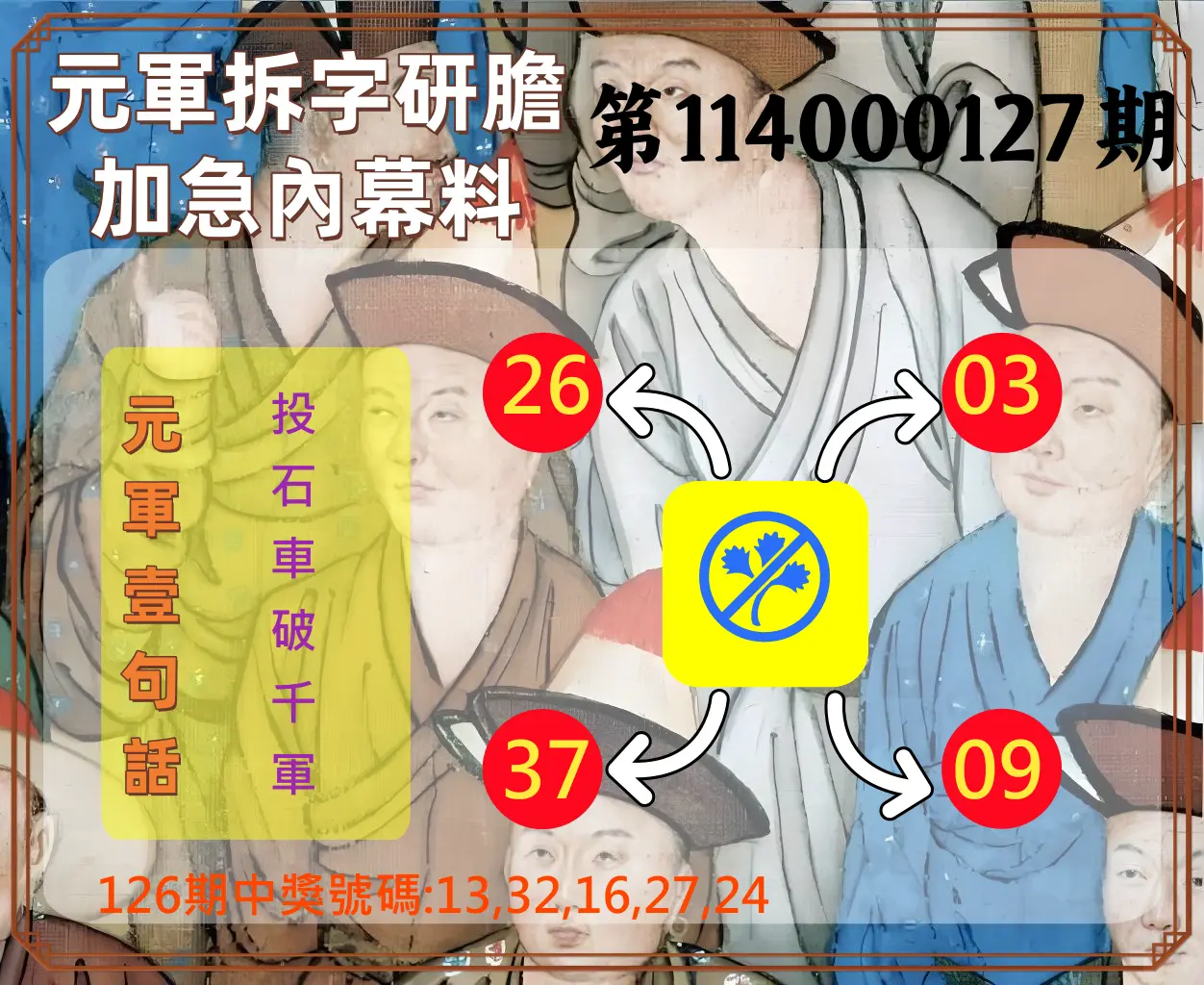 今彩539第114000127期元軍拆字研膽加急內幕料