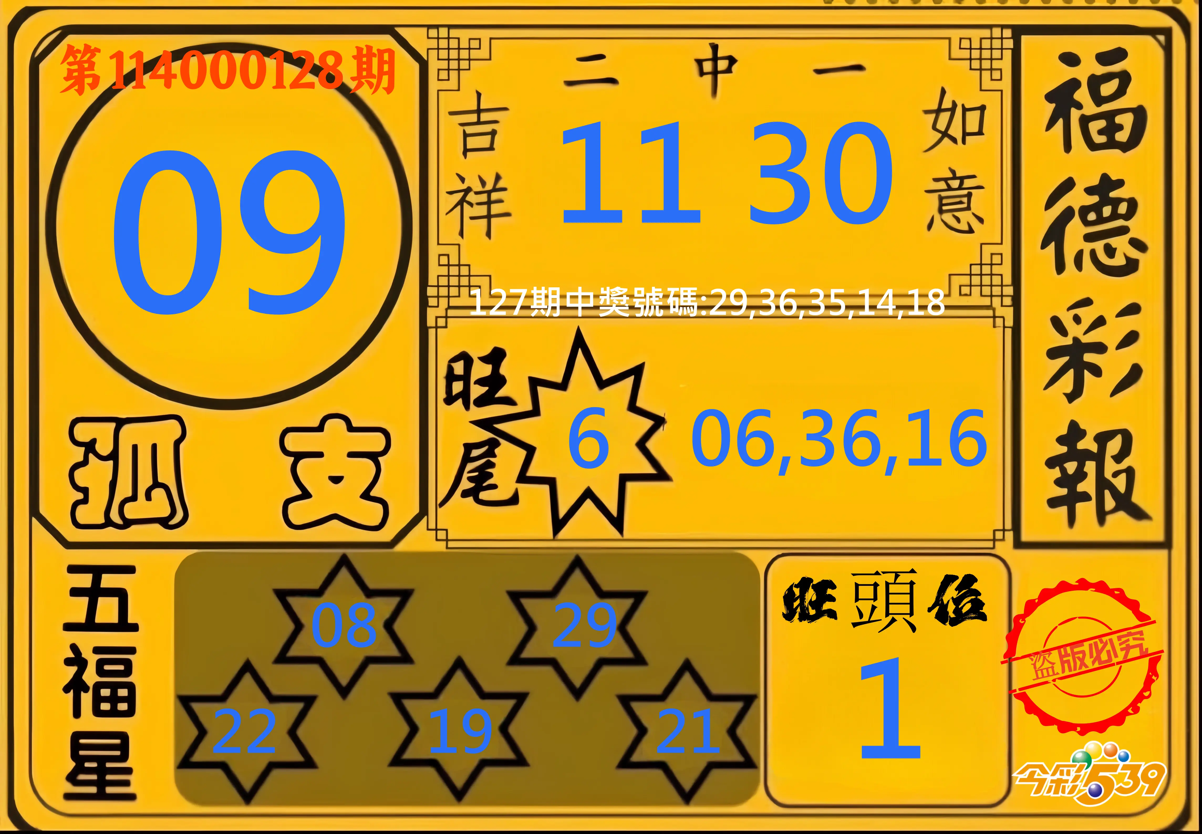 今彩539第114000128期今彩539德福彩報牌預測