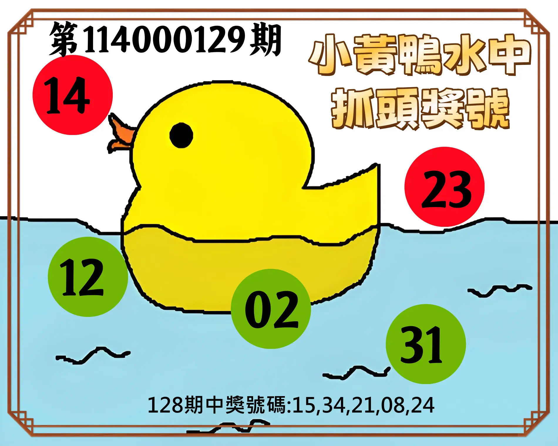 今彩539第114000129期小黃鴨水中抓頭獎號