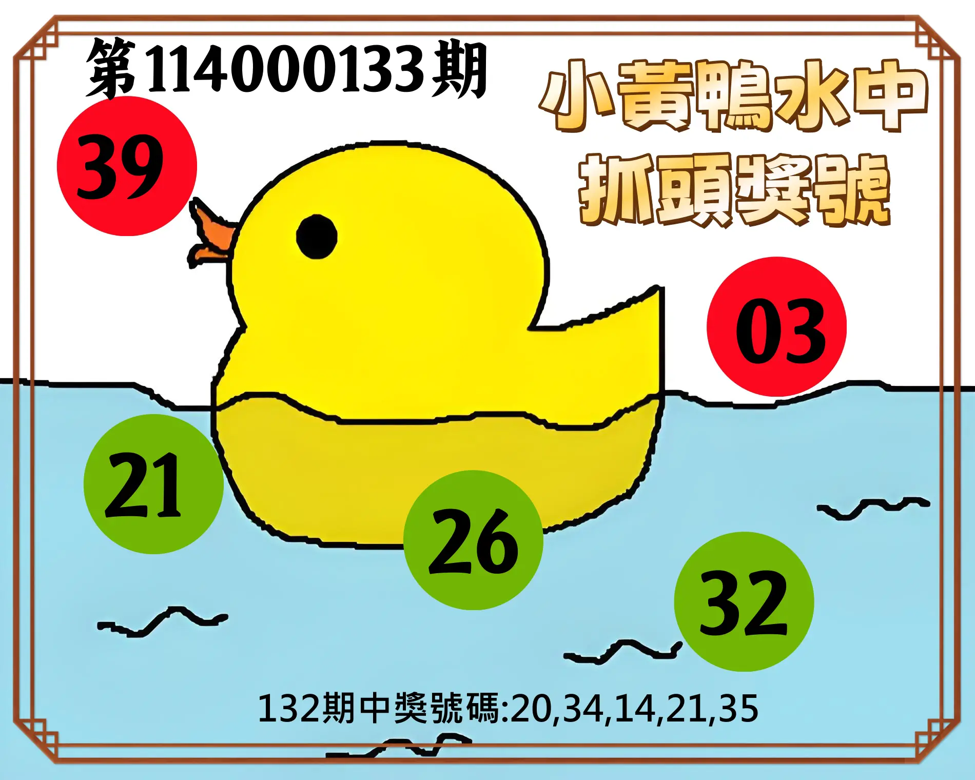 今彩539第114000133期小黃鴨水中抓頭獎號