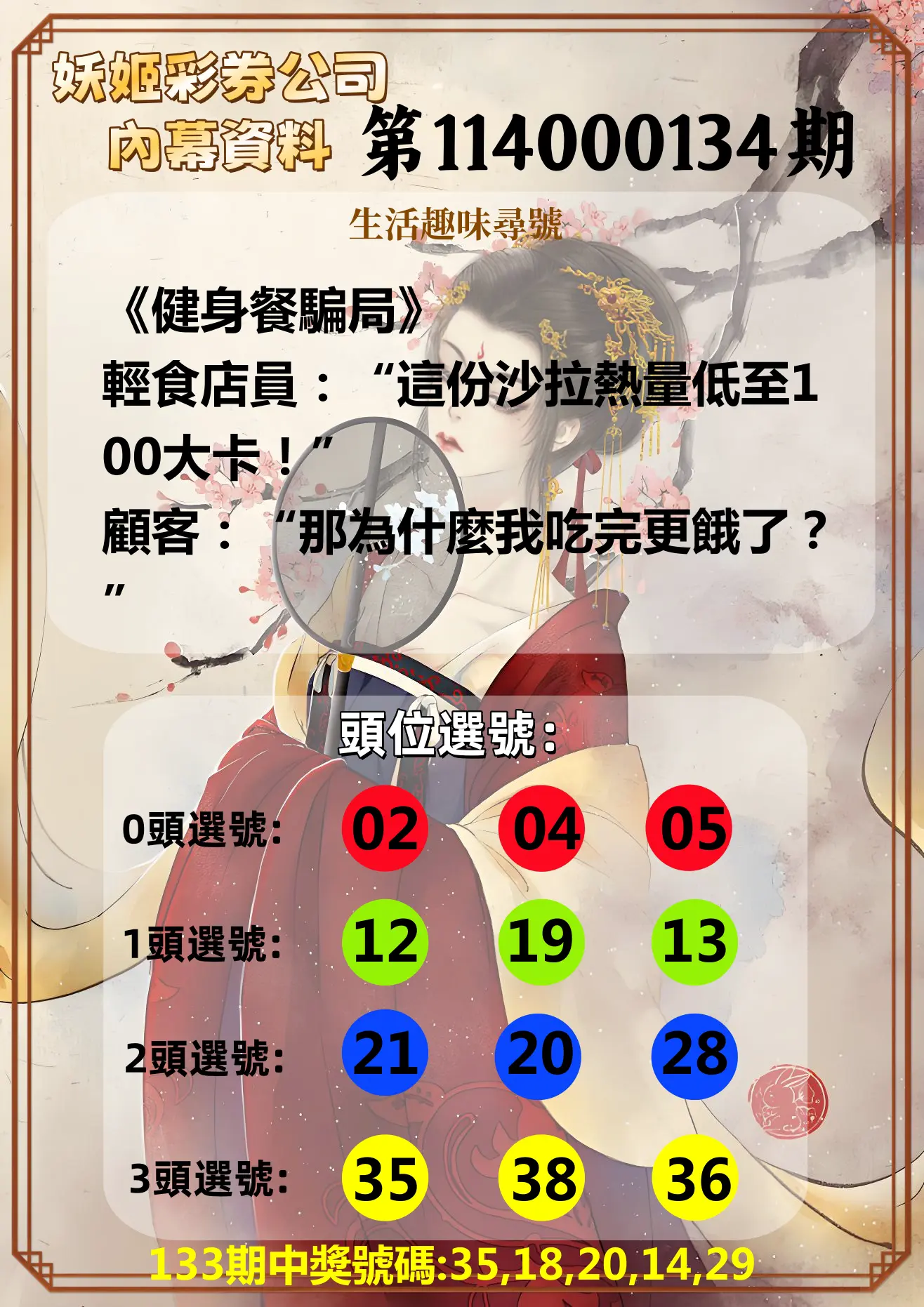 今彩539第114000134期妖姬彩券公司內幕資料