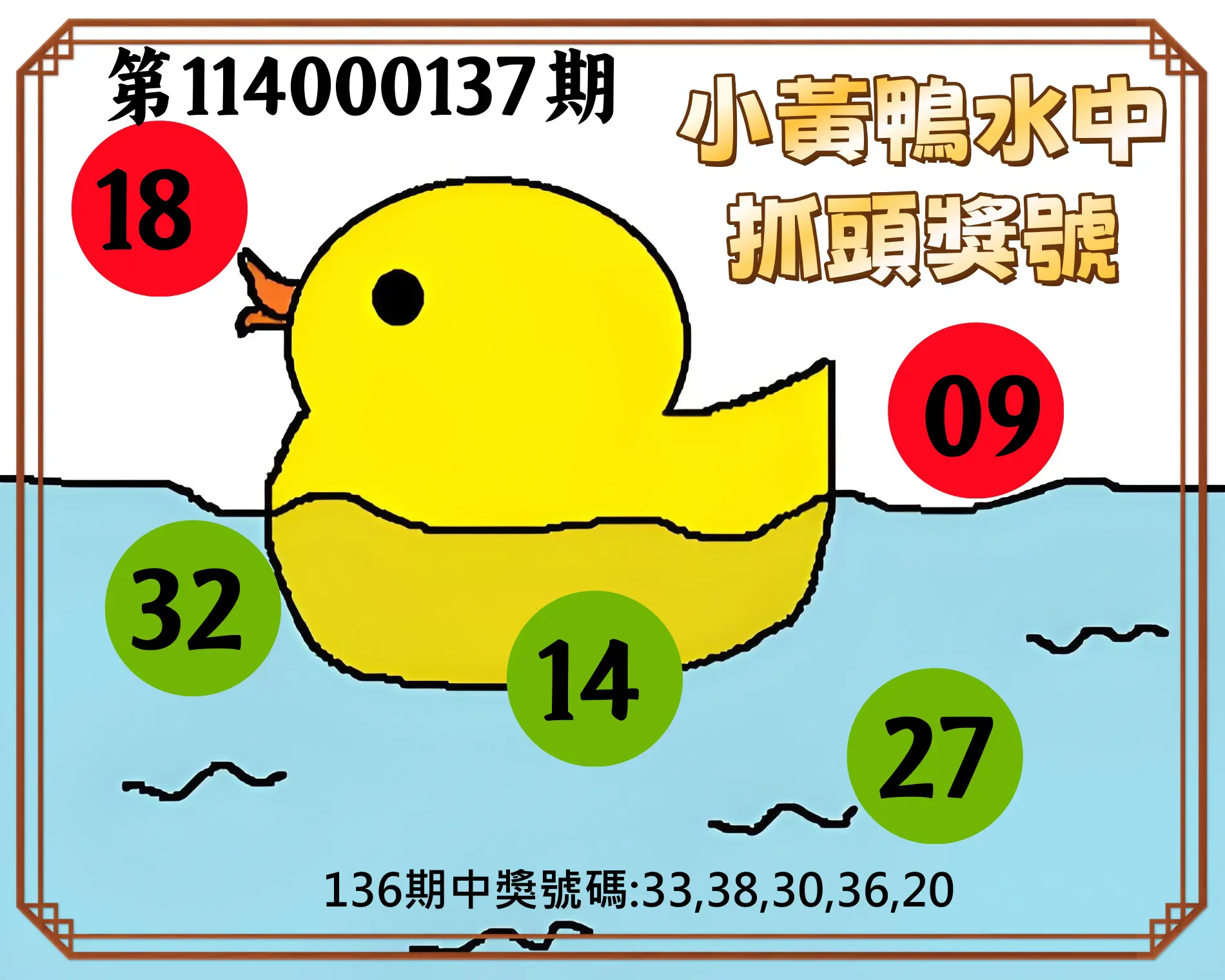 今彩539第114000137期小黃鴨水中抓頭獎號