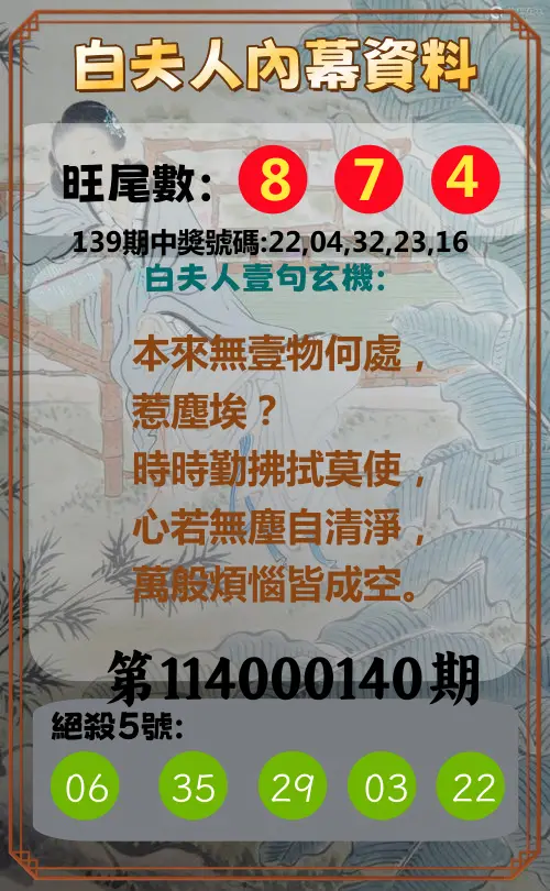今彩539第114000140期白夫人內幕資料