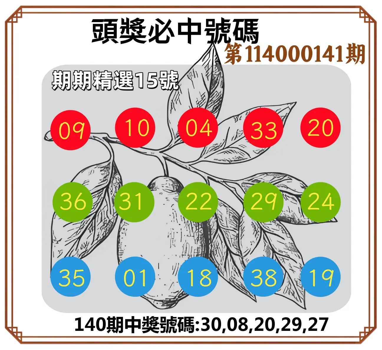 今彩539第114000141期頭獎號碼