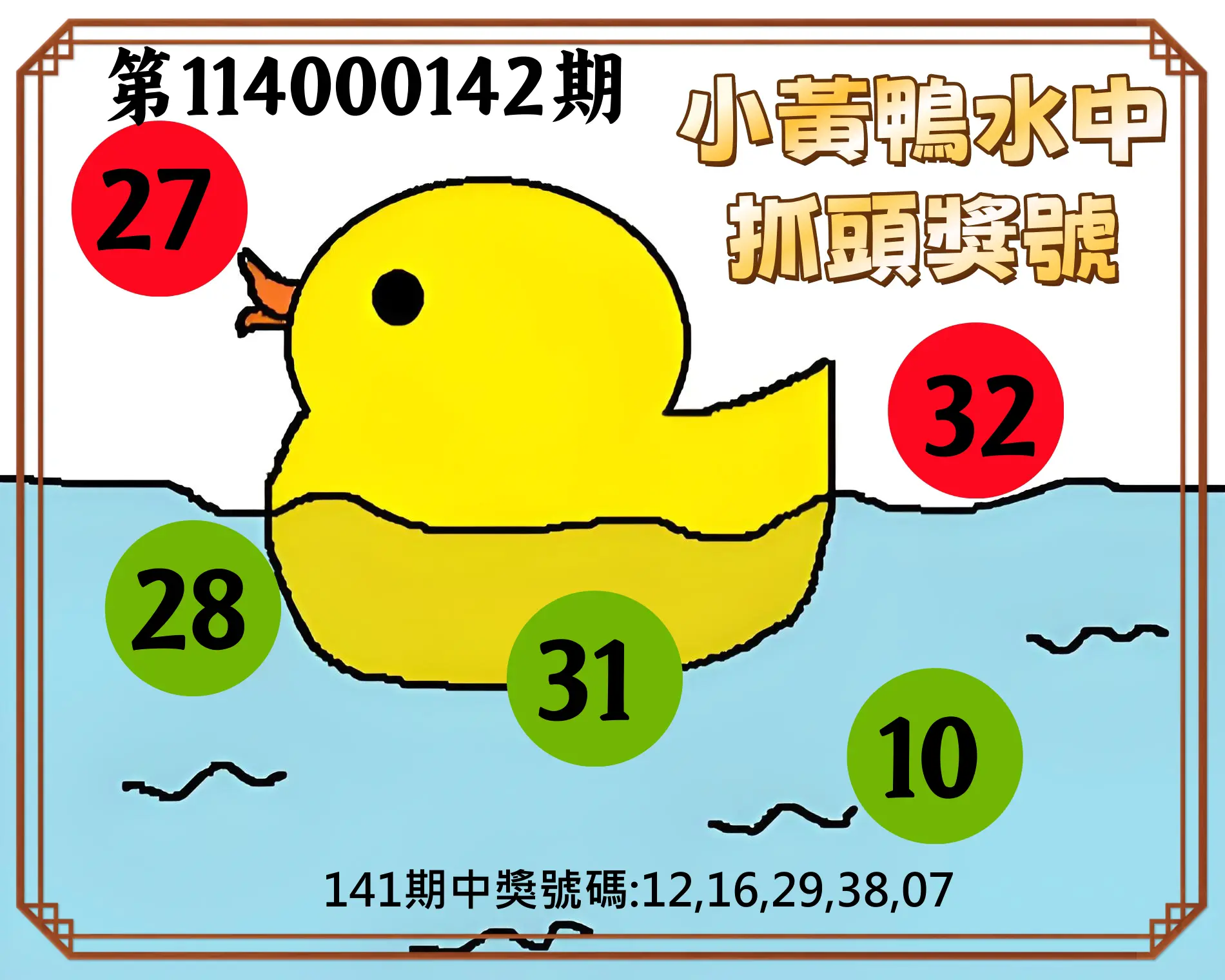 今彩539第114000142期小黃鴨水中抓頭獎號