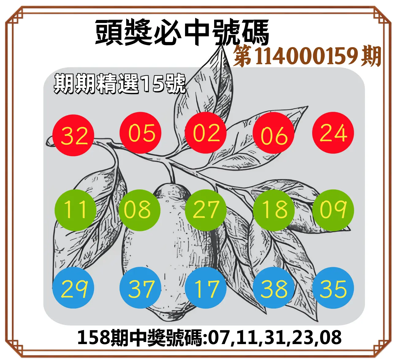今彩539第114000159期(07/02)頭獎號碼
