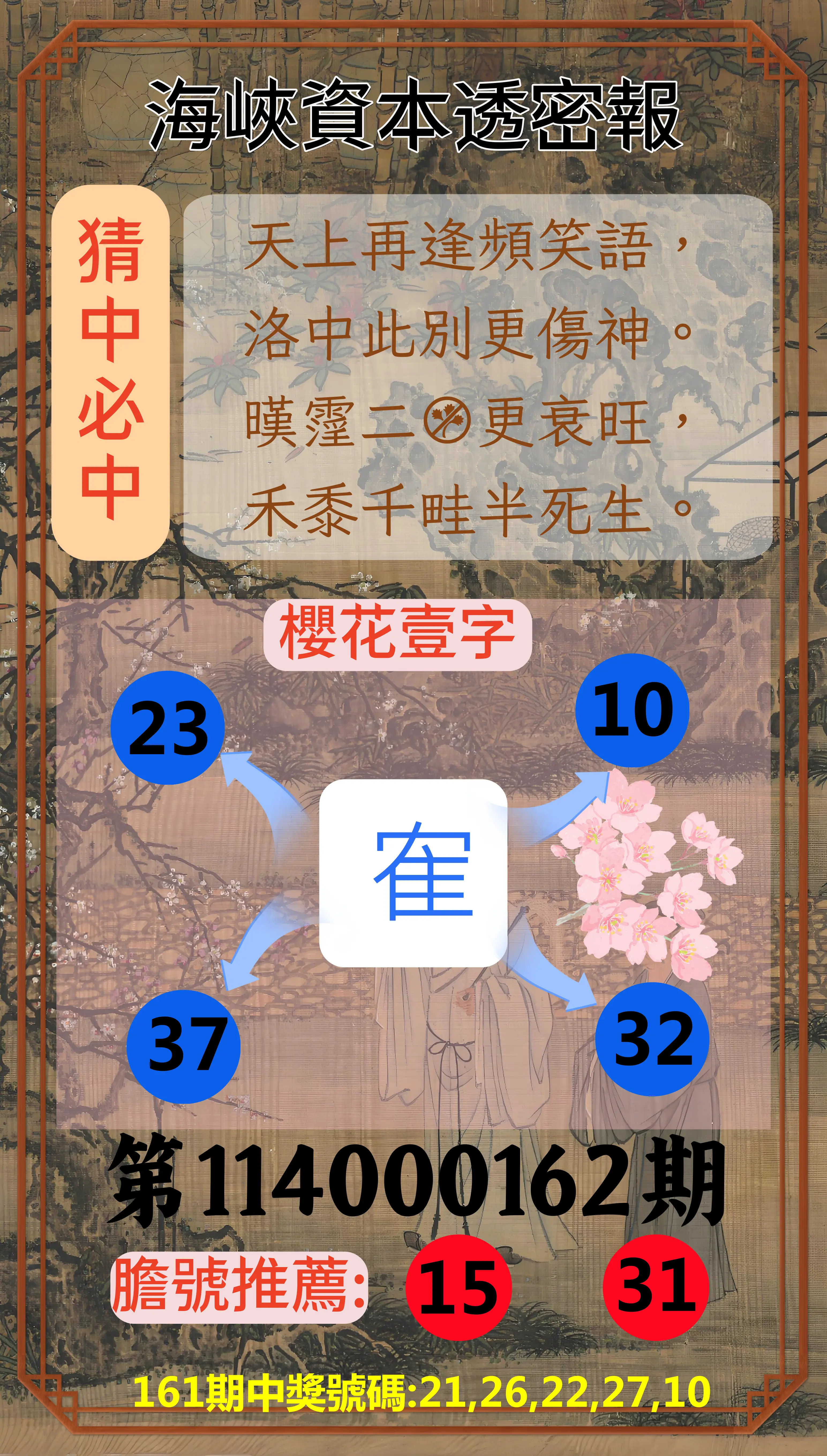 今彩539第114000162期(07/04)海峽資本透密報