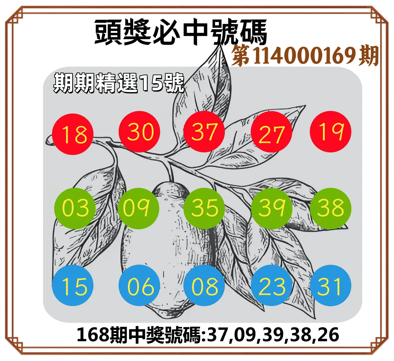 今彩539第114000169期(07/12)頭獎號碼