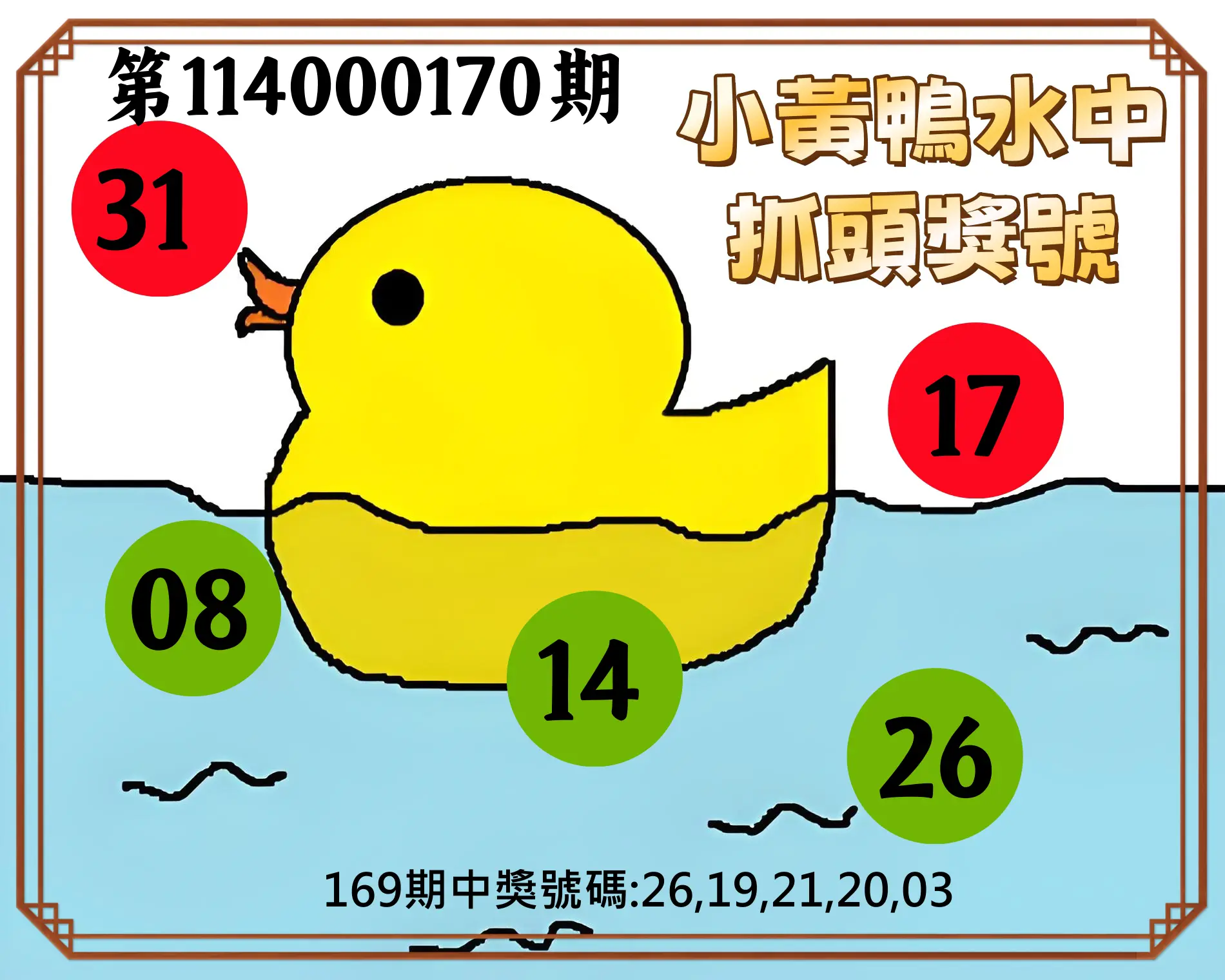 今彩539第114000170期(07/14)小黃鴨水中抓頭獎號