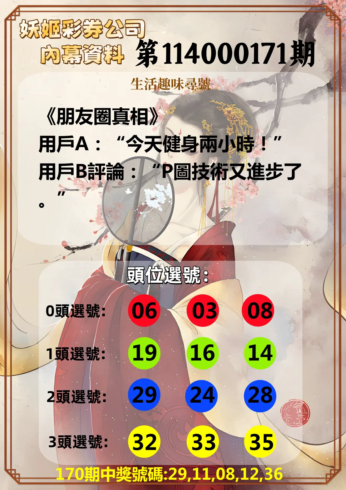 今彩539第114000171期(07/15)妖姬彩券公司內幕資料