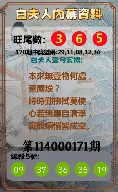 今彩539第114000171期(07/15)白夫人內幕資料