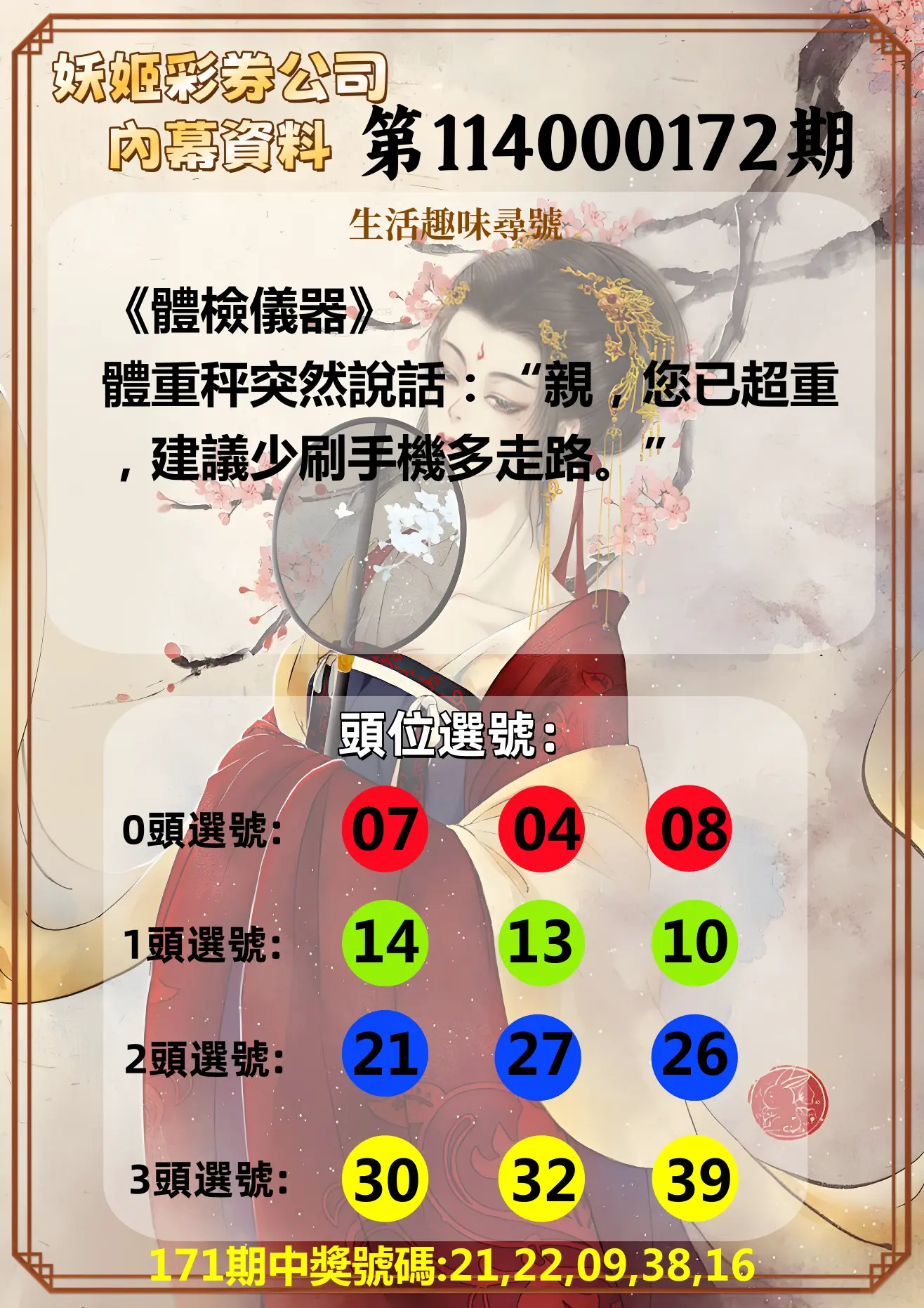 今彩539第114000172期(07/16)妖姬彩券公司內幕資料