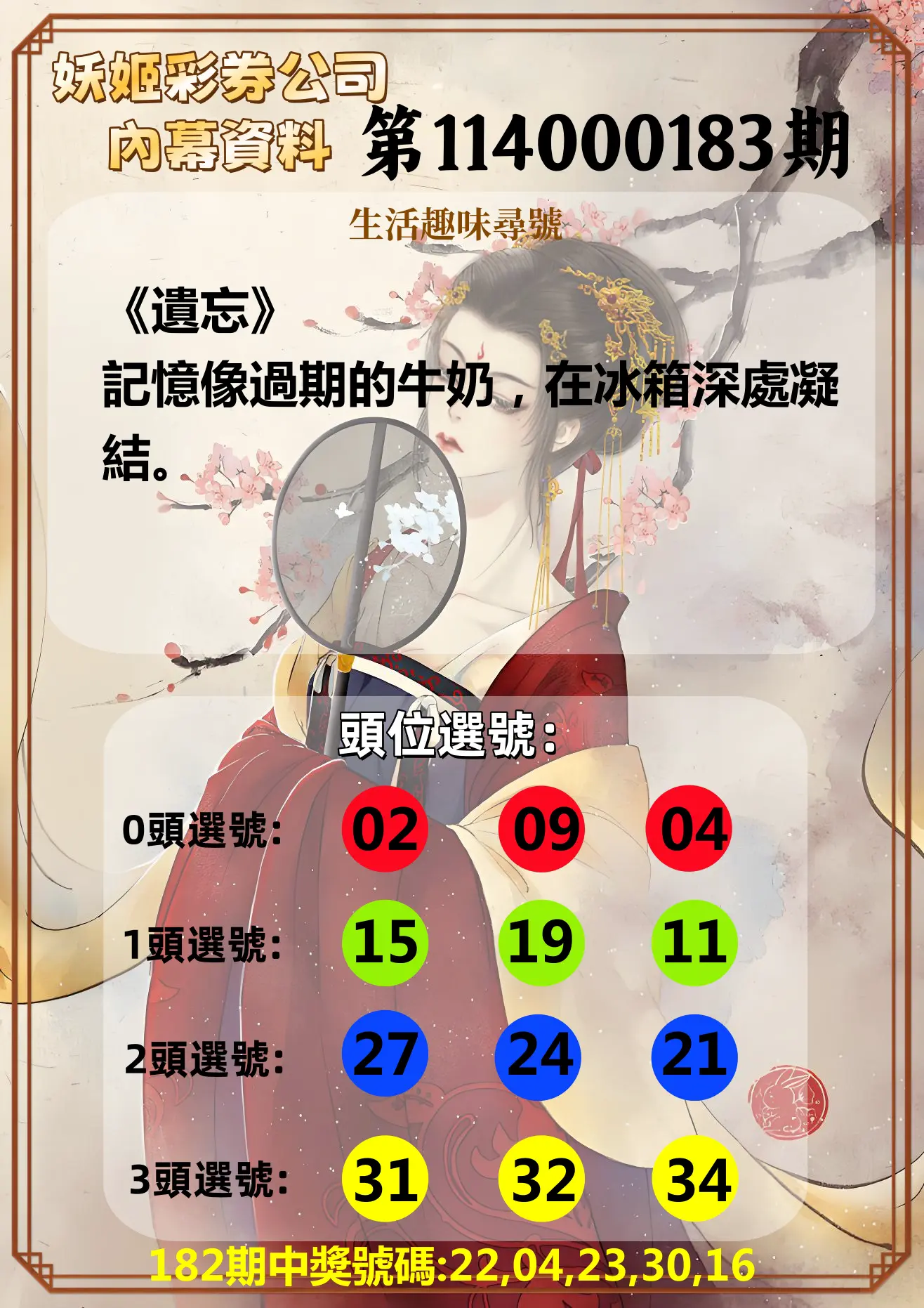 今彩539第114000183期(07/29)妖姬彩券公司內幕資料