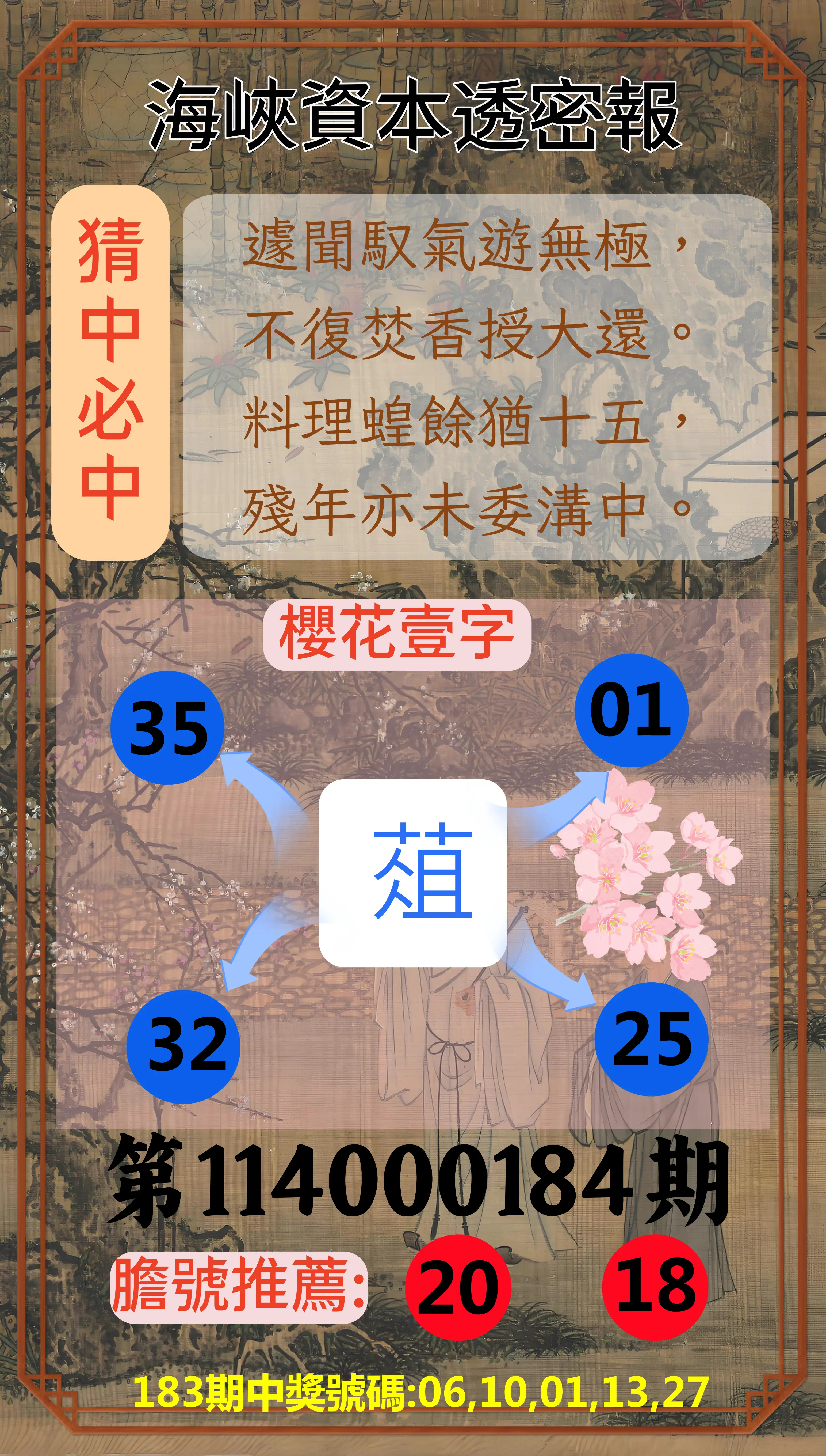 今彩539第114000184期(07/30)海峽資本透密報