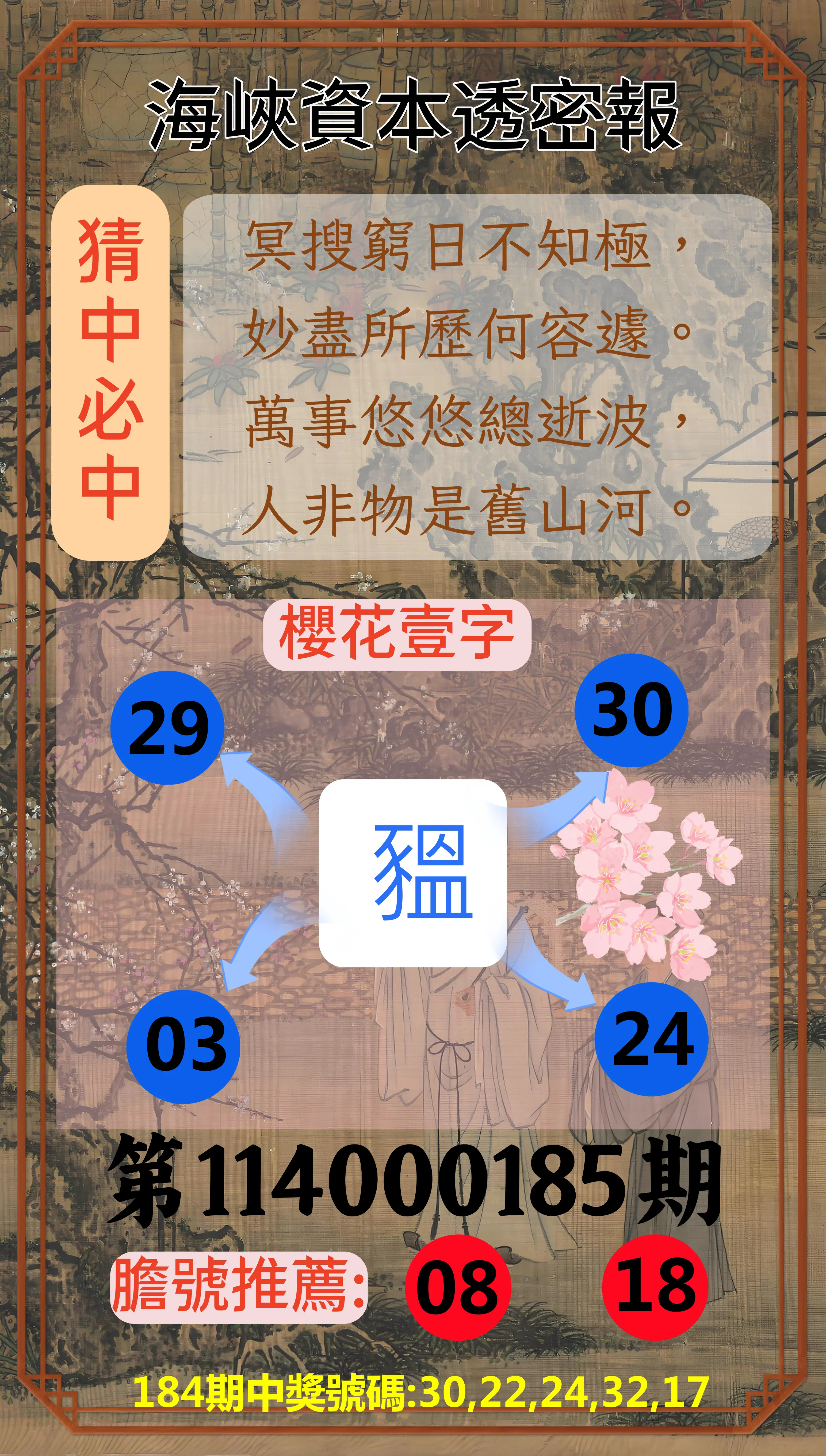 今彩539第114000185期(07/31)海峽資本透密報