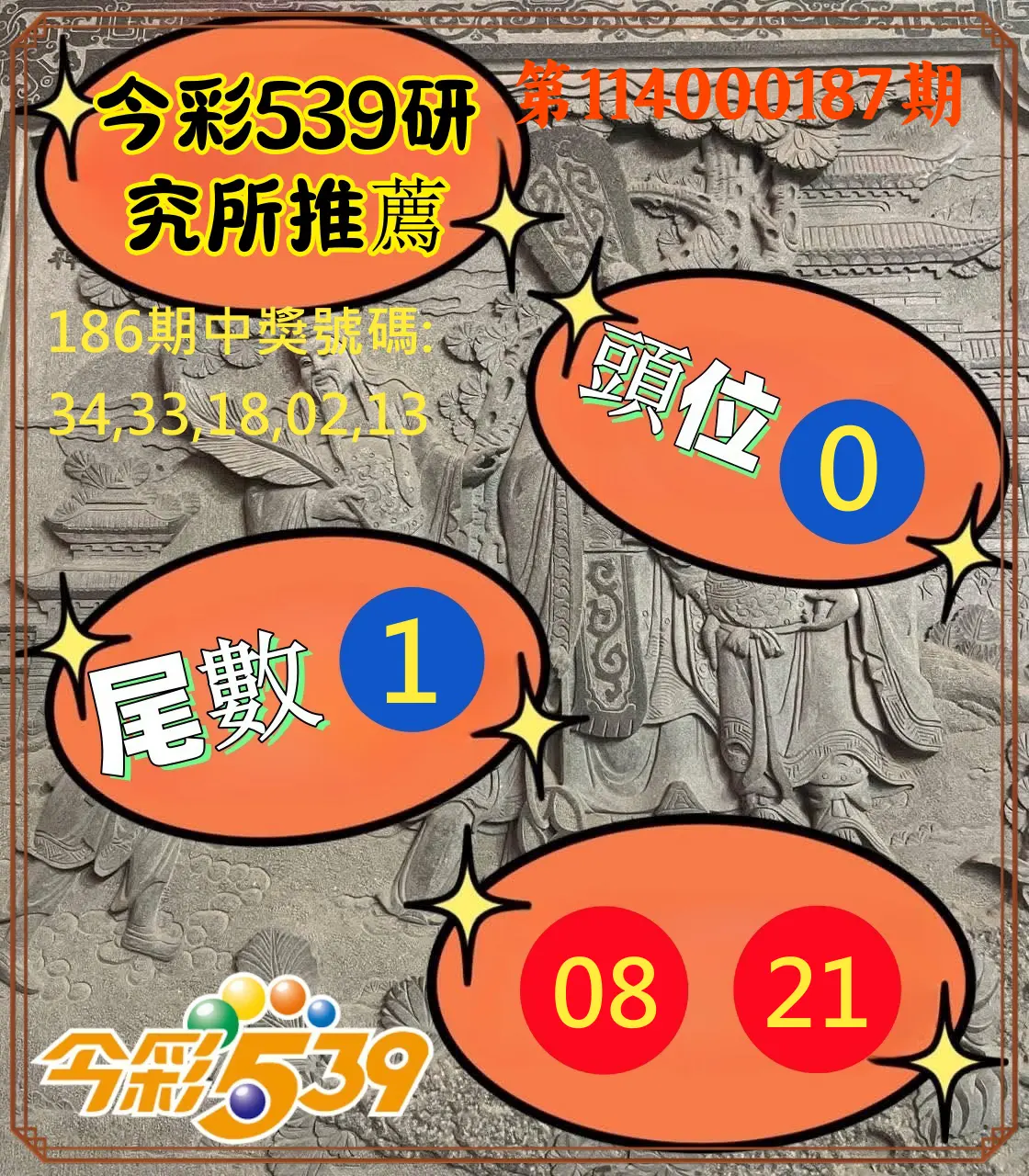 今彩539第114000187期(08/02)今彩539研究所推薦