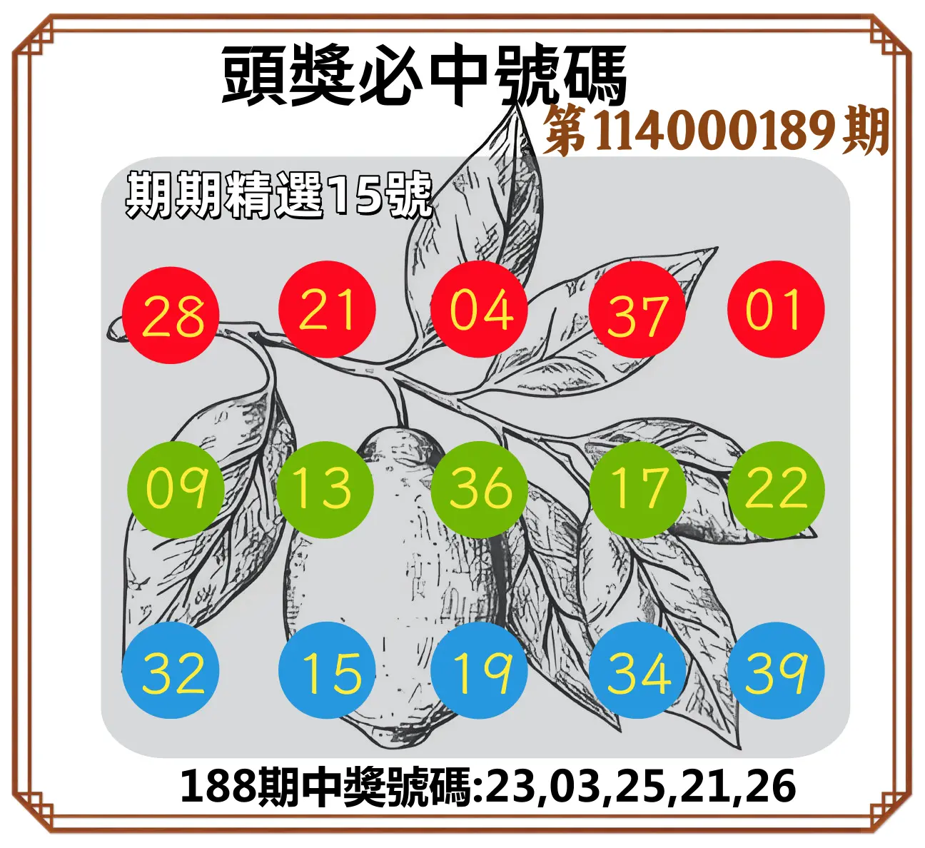 今彩539第114000189期(08/05)頭獎號碼
