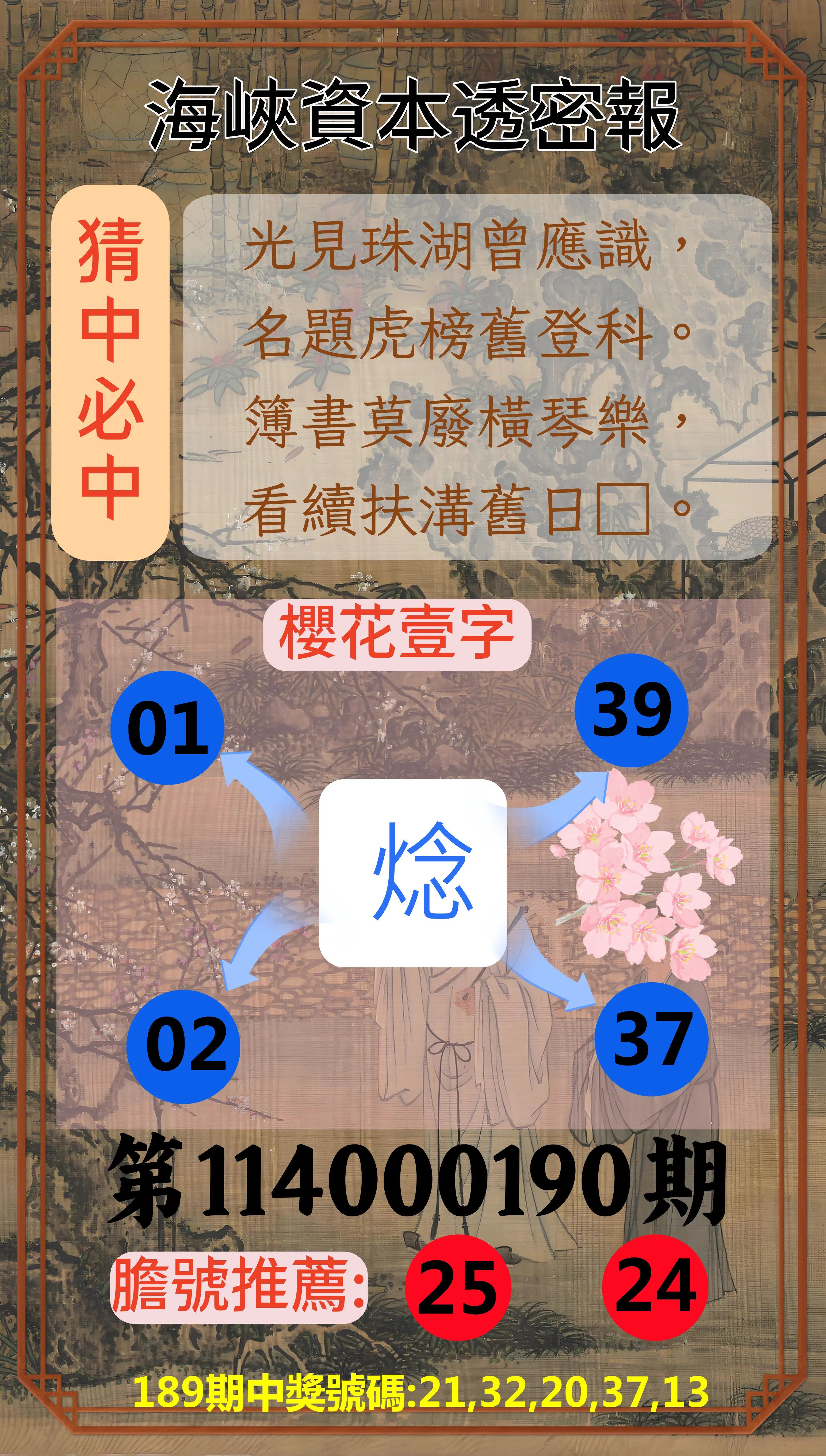 今彩539第114000190期(08/06)海峽資本透密報