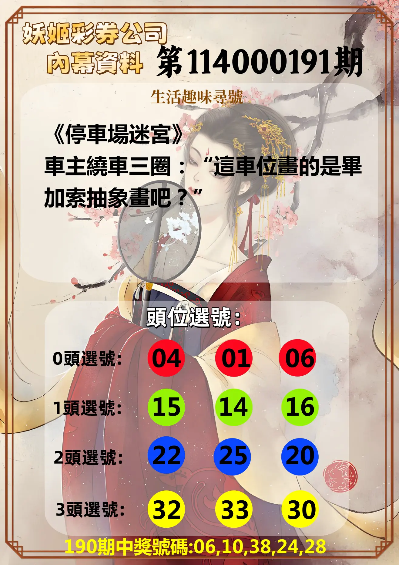 今彩539第114000191期(08/07)妖姬彩券公司內幕資料