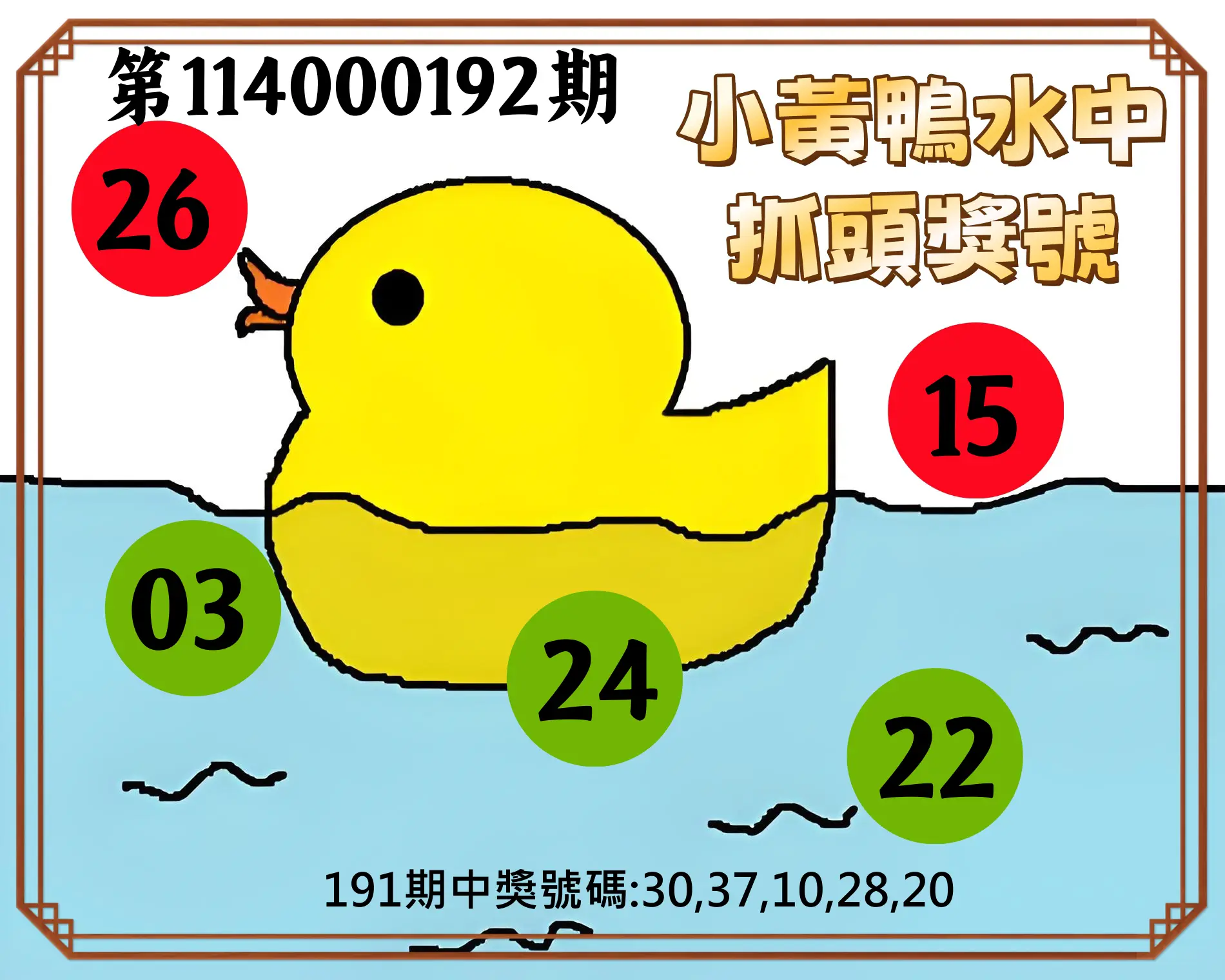 今彩539第114000192期(08/08)小黃鴨水中抓頭獎號