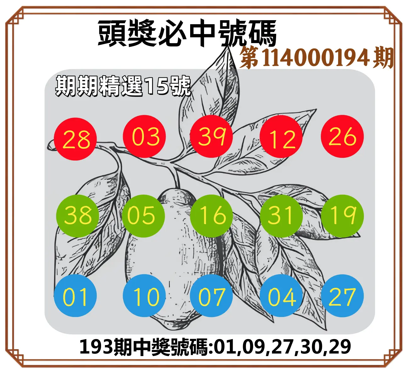 今彩539第114000194期(08/11)頭獎號碼