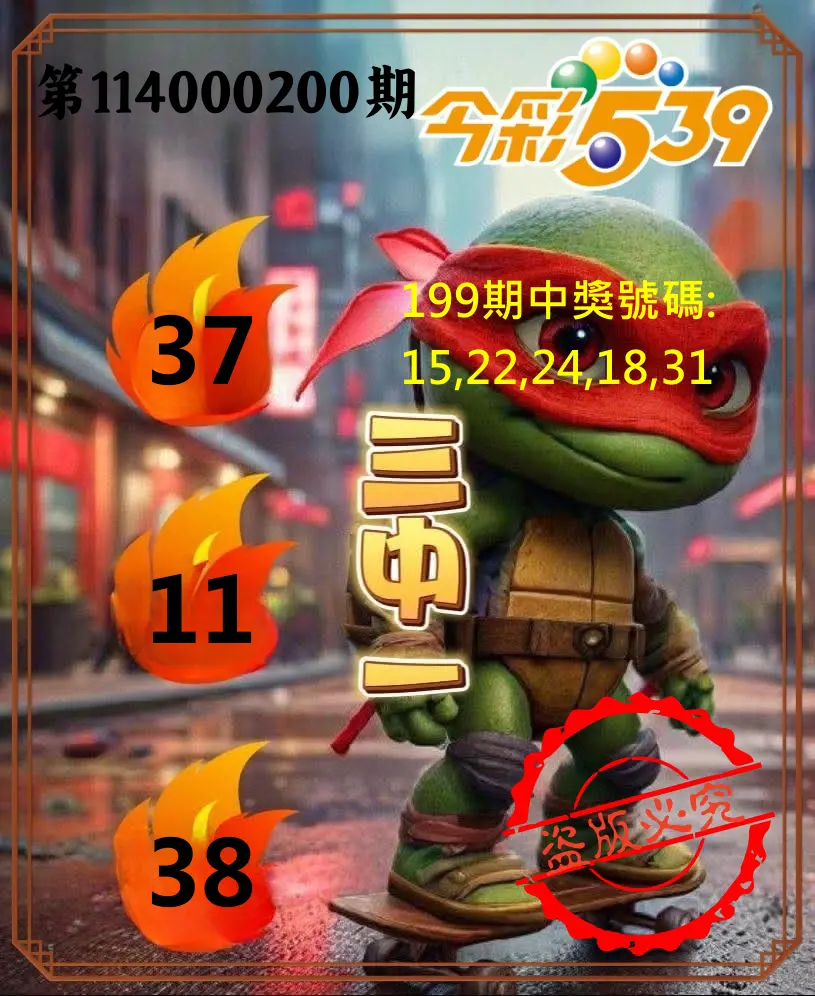 今彩539第114000200期(08/18)今彩539青蛙王子三中壹牌號預測