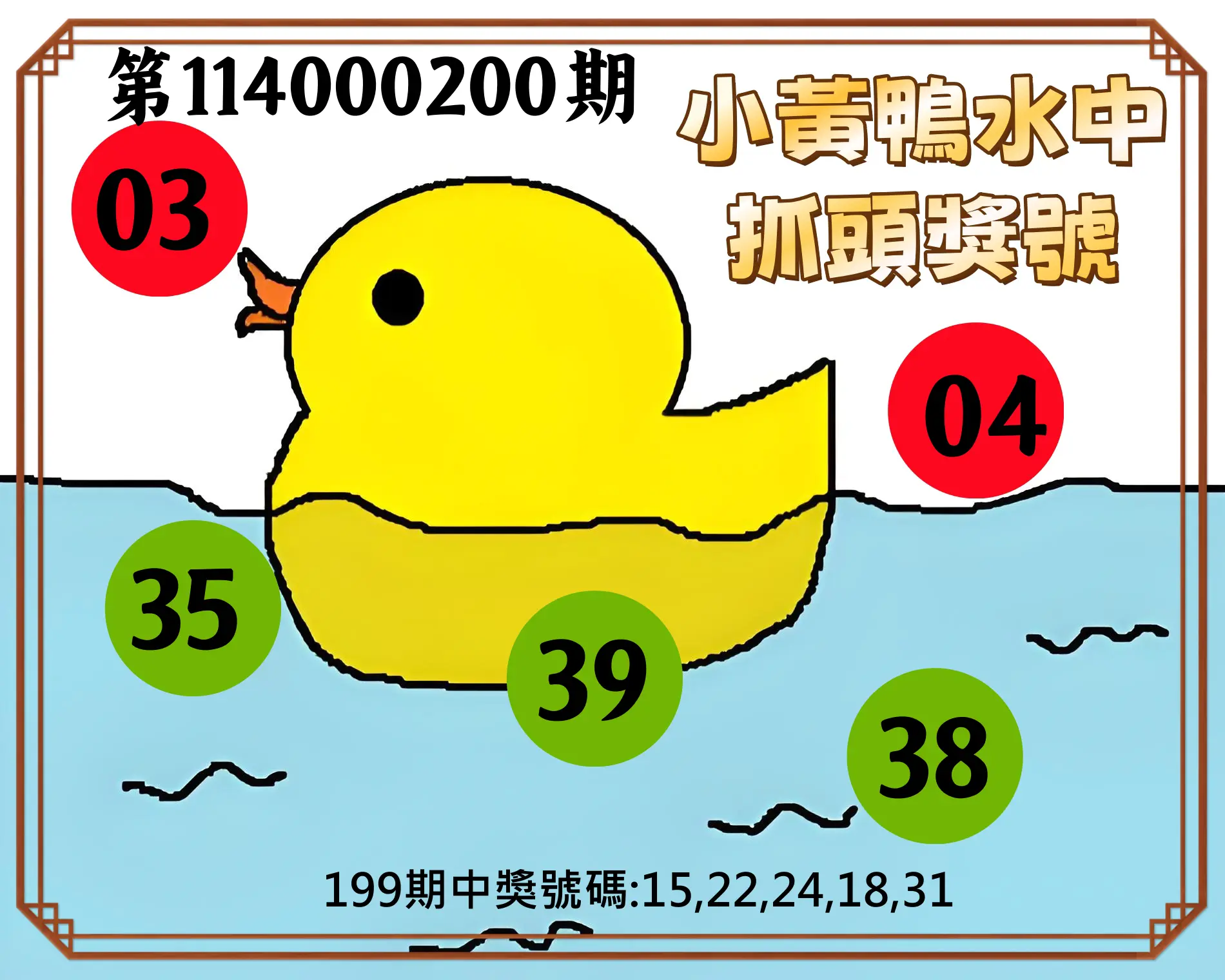 今彩539第114000200期(08/18)小黃鴨水中抓頭獎號