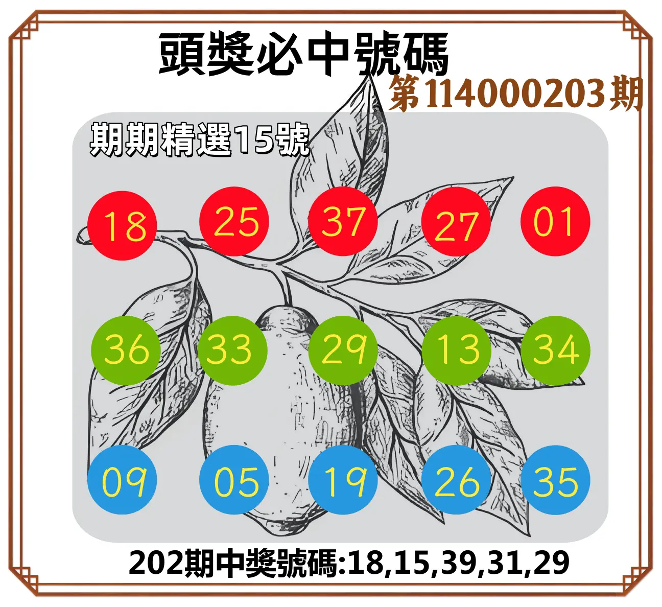 今彩539第114000203期(08/21)頭獎號碼