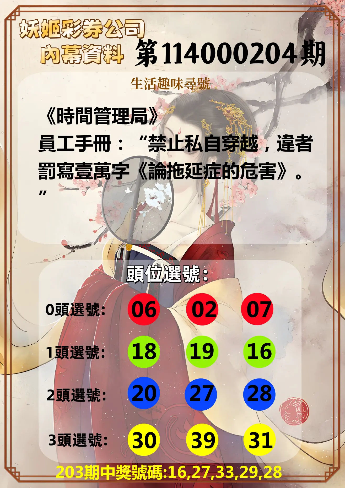 今彩539第114000204期(08/22)妖姬彩券公司內幕資料