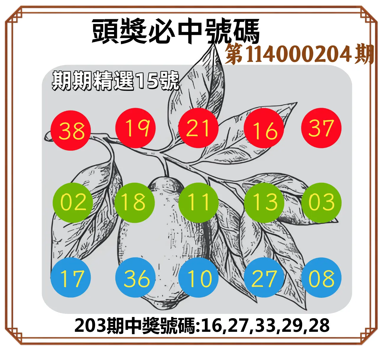 今彩539第114000204期(08/22)頭獎號碼