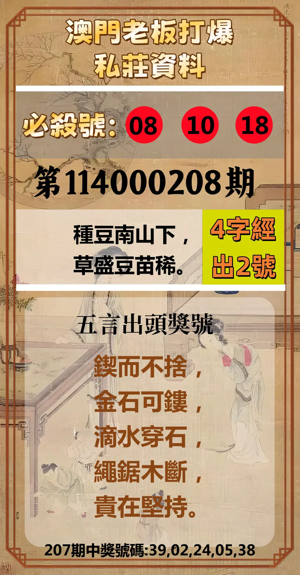 今彩539第114000208期(08/27)澳門老板打爆私莊資料