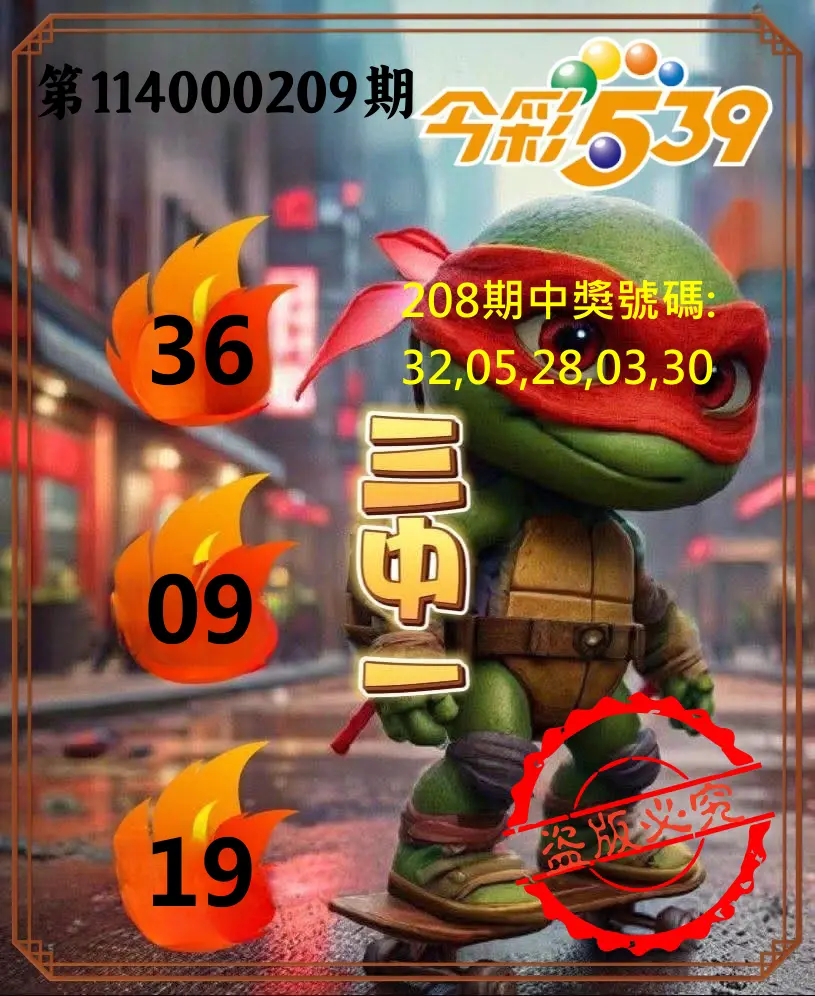 今彩539第114000209期(08/28)今彩539青蛙王子三中壹牌號預測
