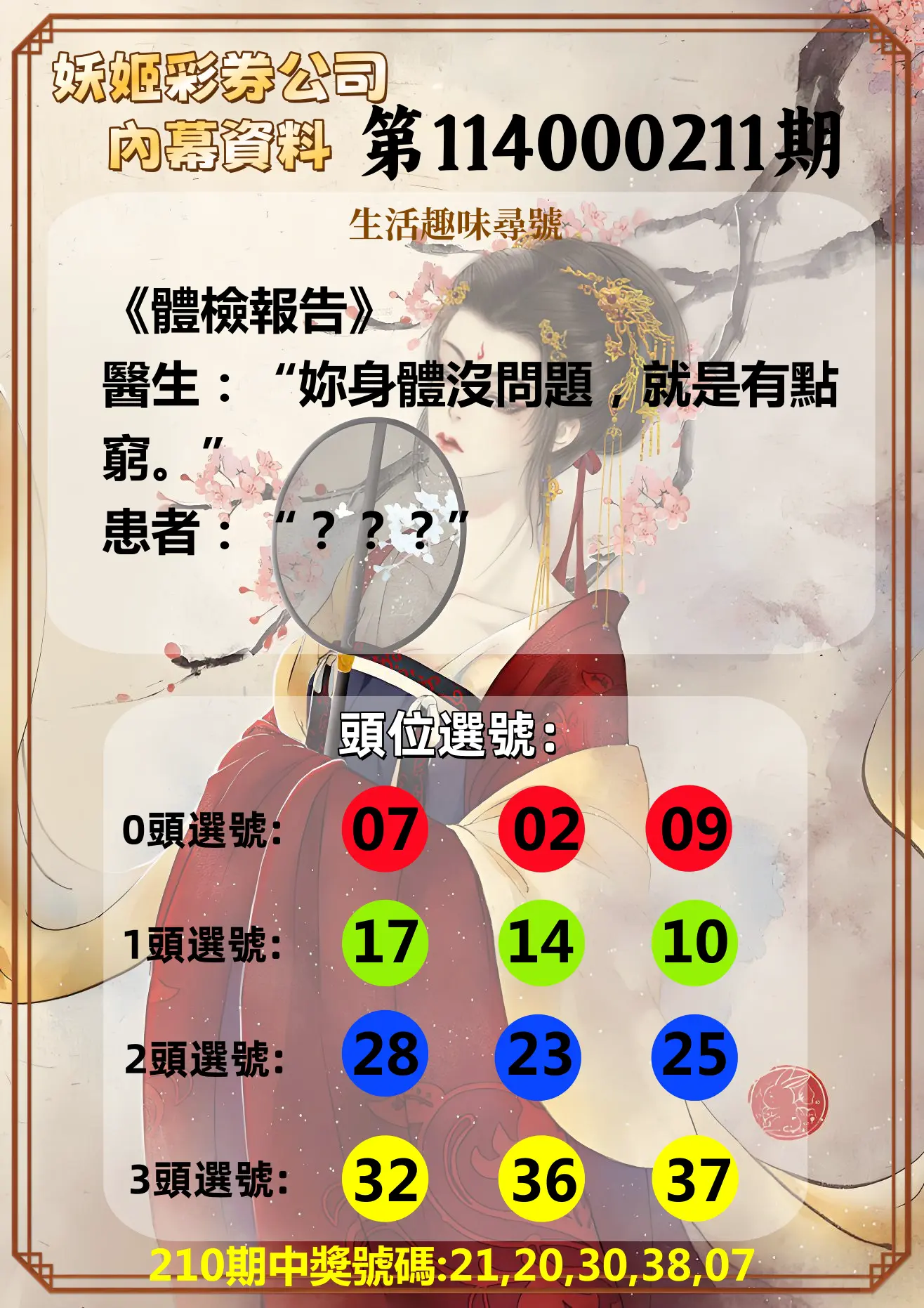 今彩539第114000211期(08/30)妖姬彩券公司內幕資料