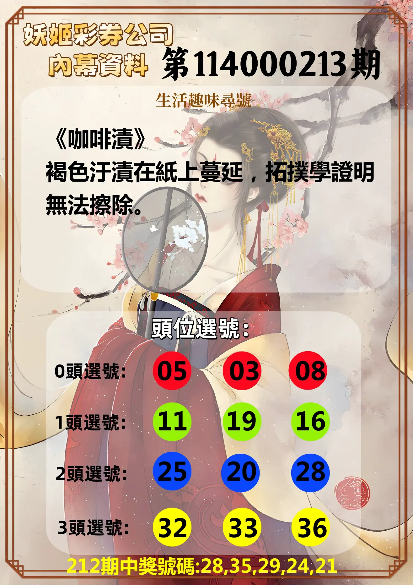 今彩539第114000213期(09/02)妖姬彩券公司內幕資料