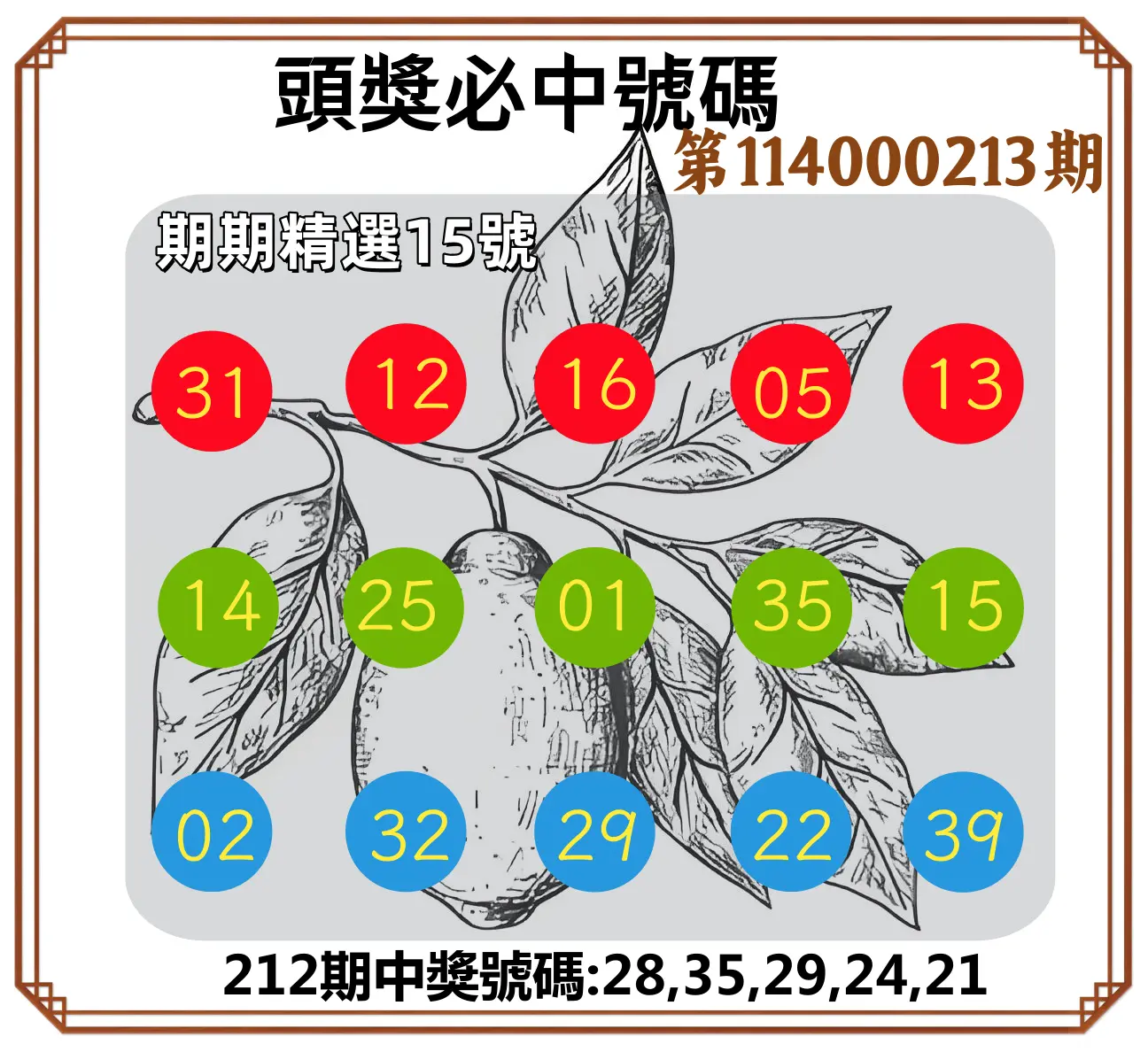 今彩539第114000213期(09/02)頭獎號碼