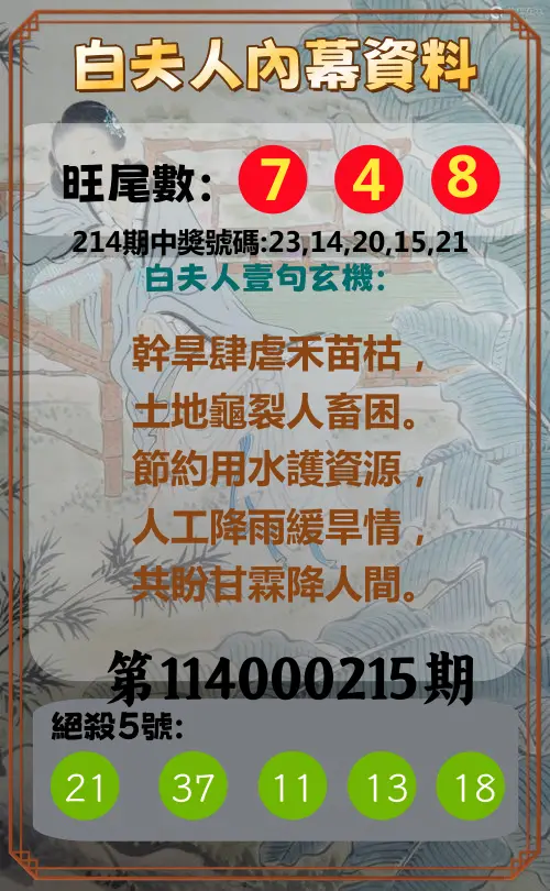 今彩539第114000215期(09/04)白夫人內幕資料
