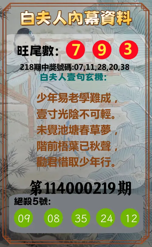今彩539第114000219期(09/09)白夫人內幕資料