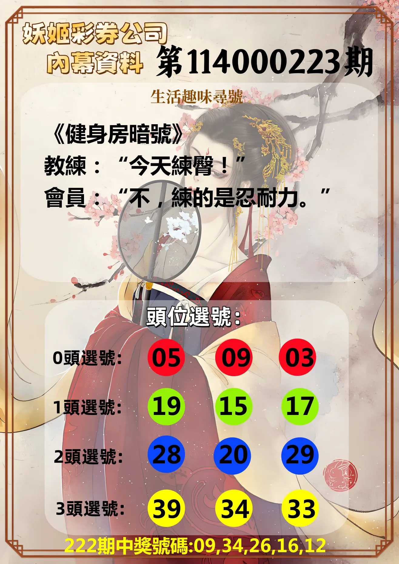 今彩539第114000223期(09/13)妖姬彩券公司內幕資料