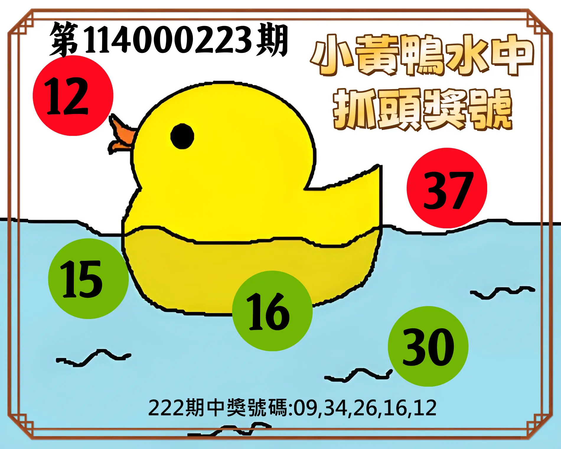 今彩539第114000223期(09/13)小黃鴨水中抓頭獎號