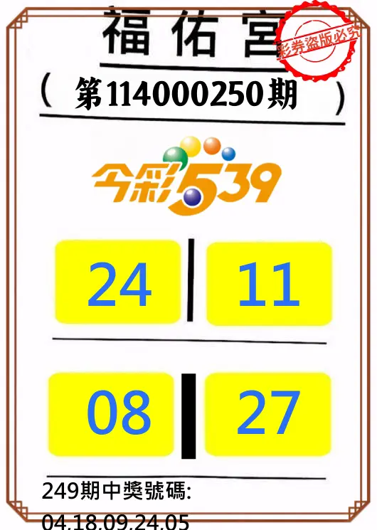 今彩539第114000250期(10/15)正版今彩539福佑宮牌號